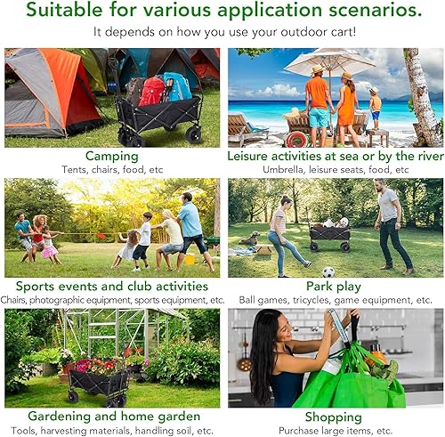 Miniatura 7 de Carro plegable para acampar de 260 libras, carro plegable al aire libre con freno, vagones de camping con ruedas todo terreno de 8 pulgadas, carrito