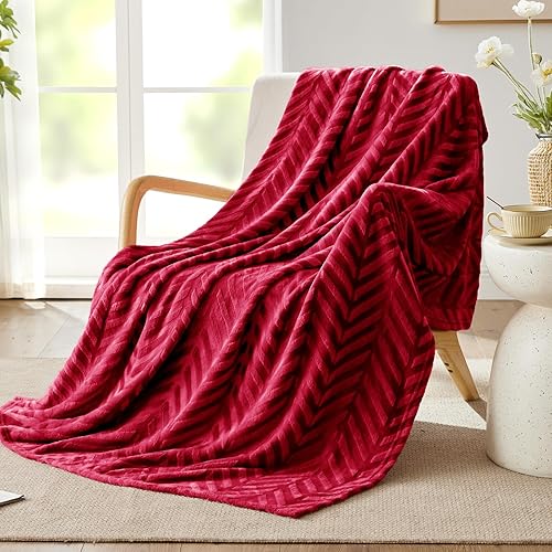 Miniatura 1 de Whale Flotilla - Manta de franela, ligera, de terciopelo suave y esponjoso, diseño de cheurón, para el sofá, tamaño de 50 x 60 pulgadas, color rojo