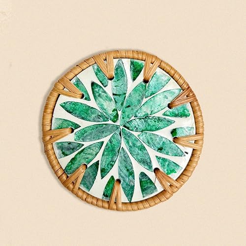 Miniatura 2 de Juego de 6 posavasos aislados, ratán tejido a mano y madreperla, posavasos bohemios duraderos y ecológicos, salvamanteles decorativos para café y