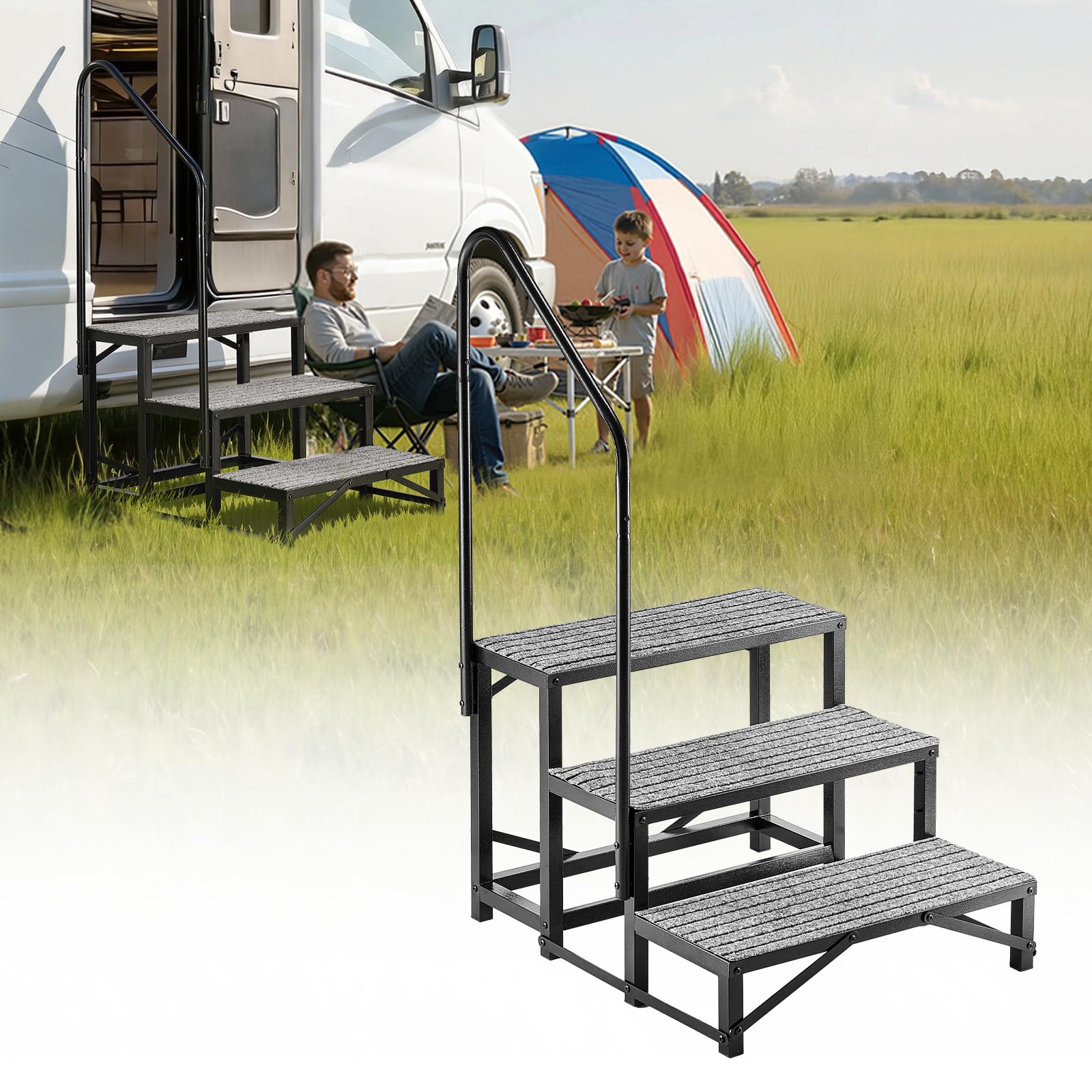 VEVOR Escalera para Autocaravana de 3 Peldaños, Escalera con Pasamanos Carga de 299,38 kg, con Alfombrilla Antideslizante, para Personas Mayores y Mascotas, Portátil para Jacuzzi, Caravana, Porche