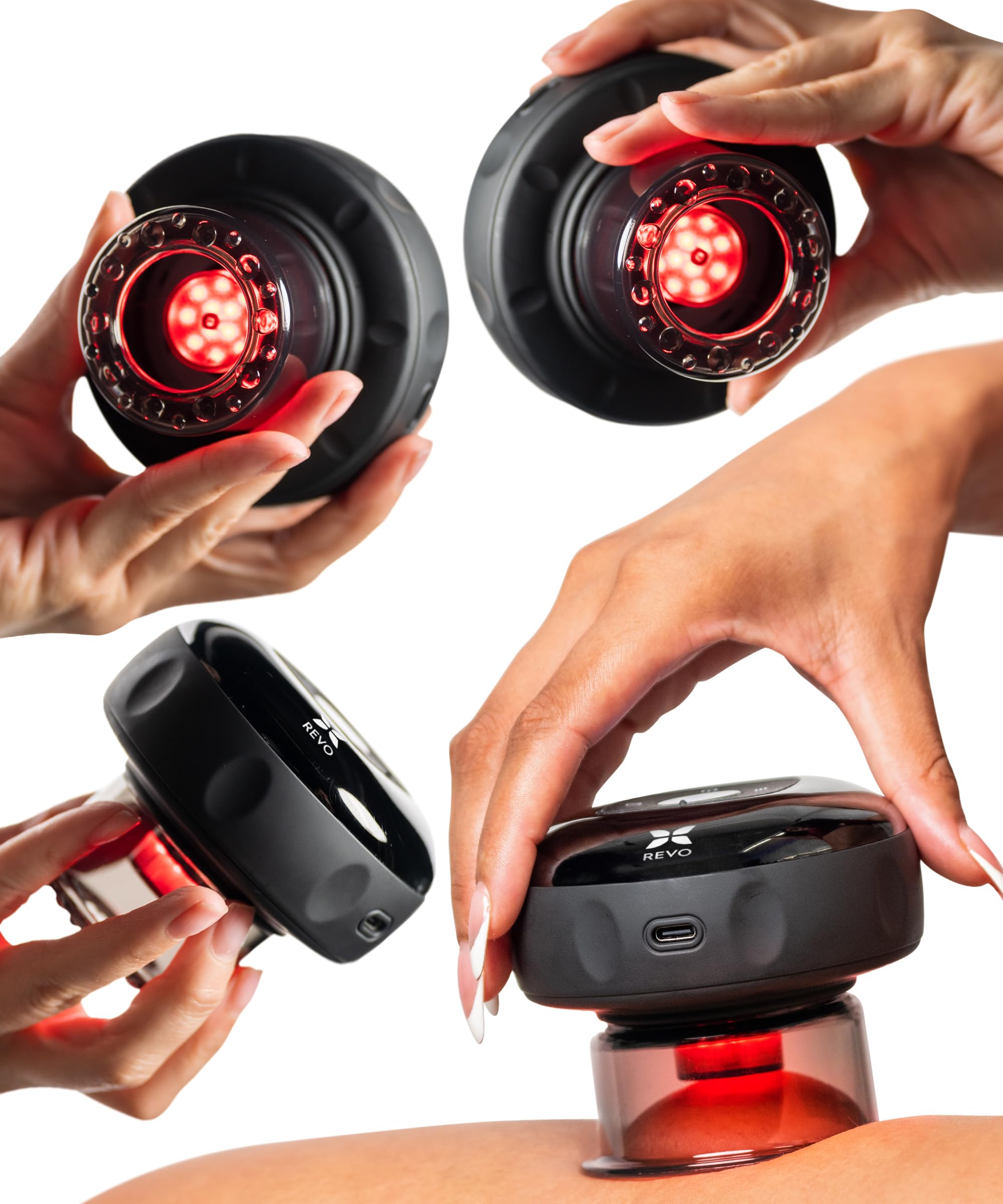 Photo 1 of REVO The Original 4-in-1 Smart Cupping Therapy Massager, Red Light Therapy for Targeted Pain Relief, Knots, Aches, Muscle Soreness, Circulation & Tighter Skin, Portable Cupping Kit (Four Pack)