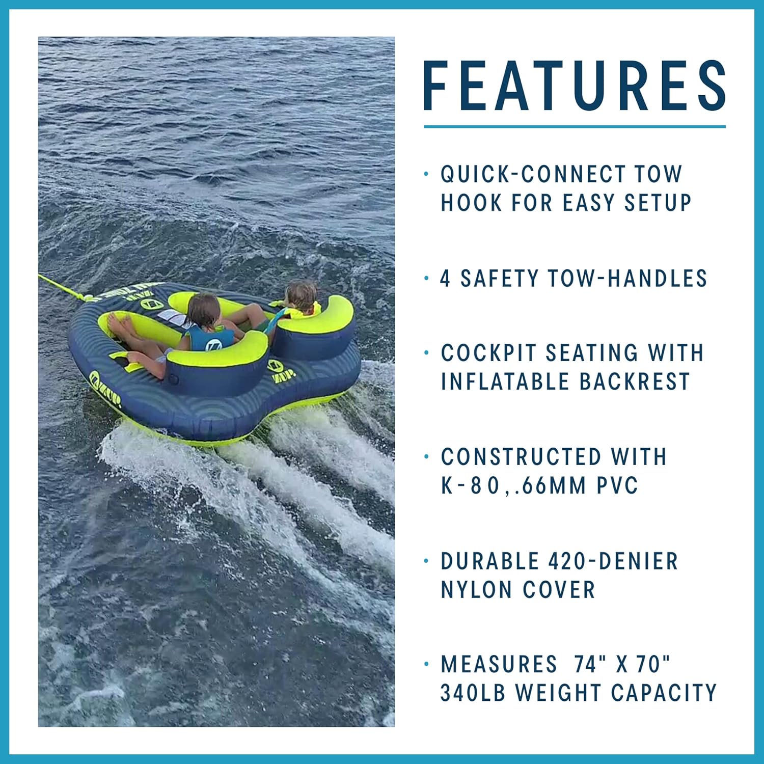 ZUP Tow Zone Cockpit Style Towable Heavy Duty Deck Tube for Boating with Quick-Connect Tow Hook & Full Nylon Cover
