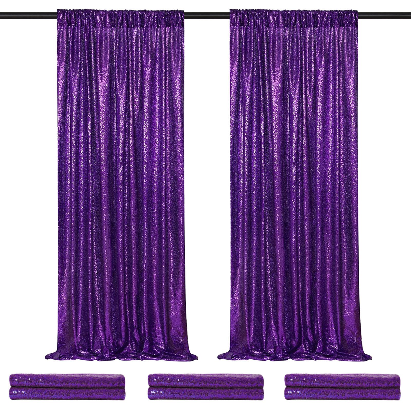 QueenDream Backdrop Curtain for Halloween Decorations - Purple Sequin Curtain Backdrop 6 Pcs 2ftx8ft Birthday Wedding Stage Decor