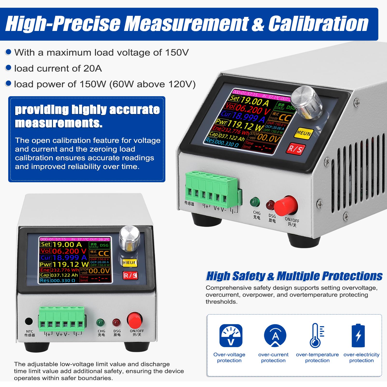 2,4-Zoll-Farbbildschirm Multifunktions-Elektroniklastunterstützung Konstantstrom-/Leistungs-/Widerstandsmodus mit Datenkalibrierung Mehrere Parametereinstellungsfunktionen