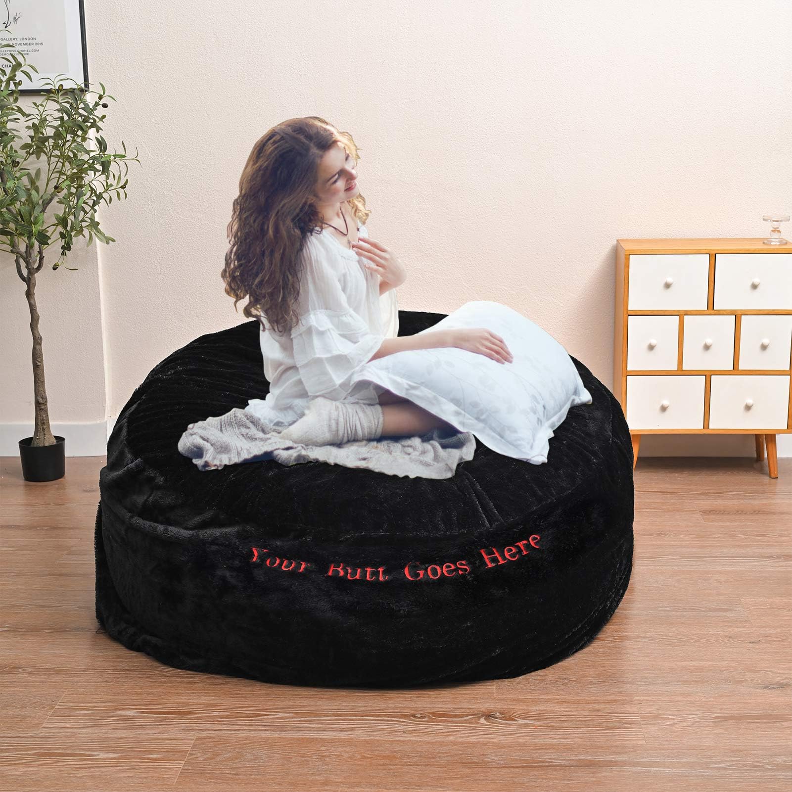Housse De Pouf En Fausse Fourrure Pelucheuse - Grand Pouf De Rangement 300L Sans Remplissage