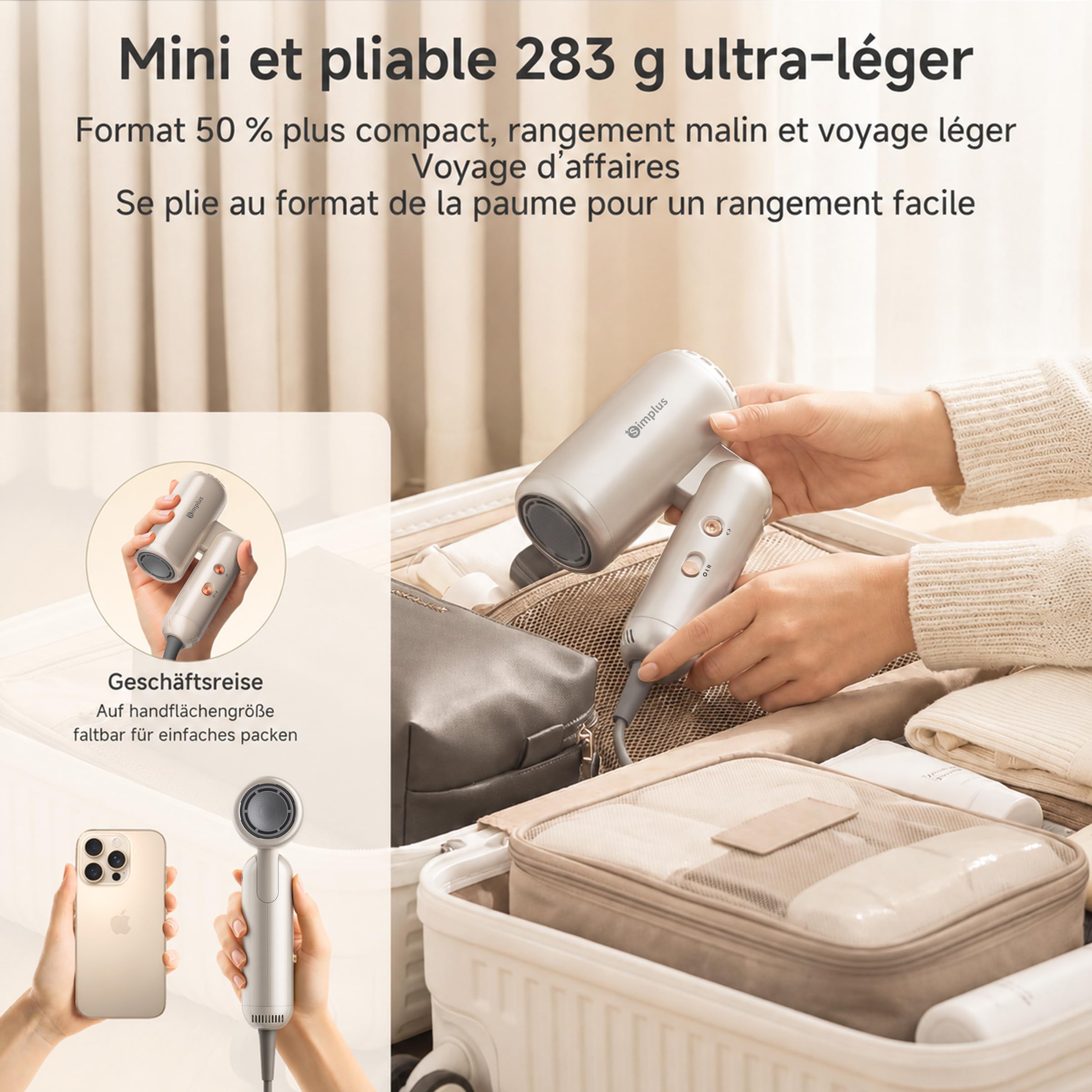 SIMPLUS Sèche-Cheveux Ionique Pliable, 1300W, Moteur BLDC 110 000 tr/min, 70 m/s, 300 Millions d'Ions Négatifs, 8 Modes, Contrôle NTC, Léger 283 g, Buse Peigne, Voyage