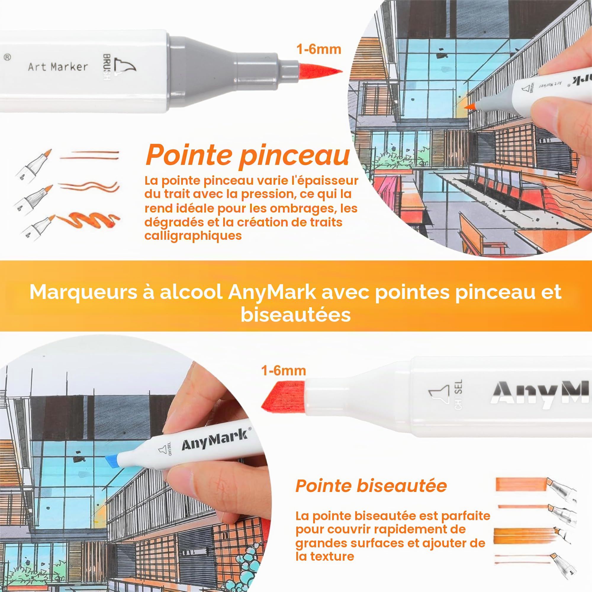 AnyMark Feutres Alcool 100+1 Couleurs à Pointe Pinceau