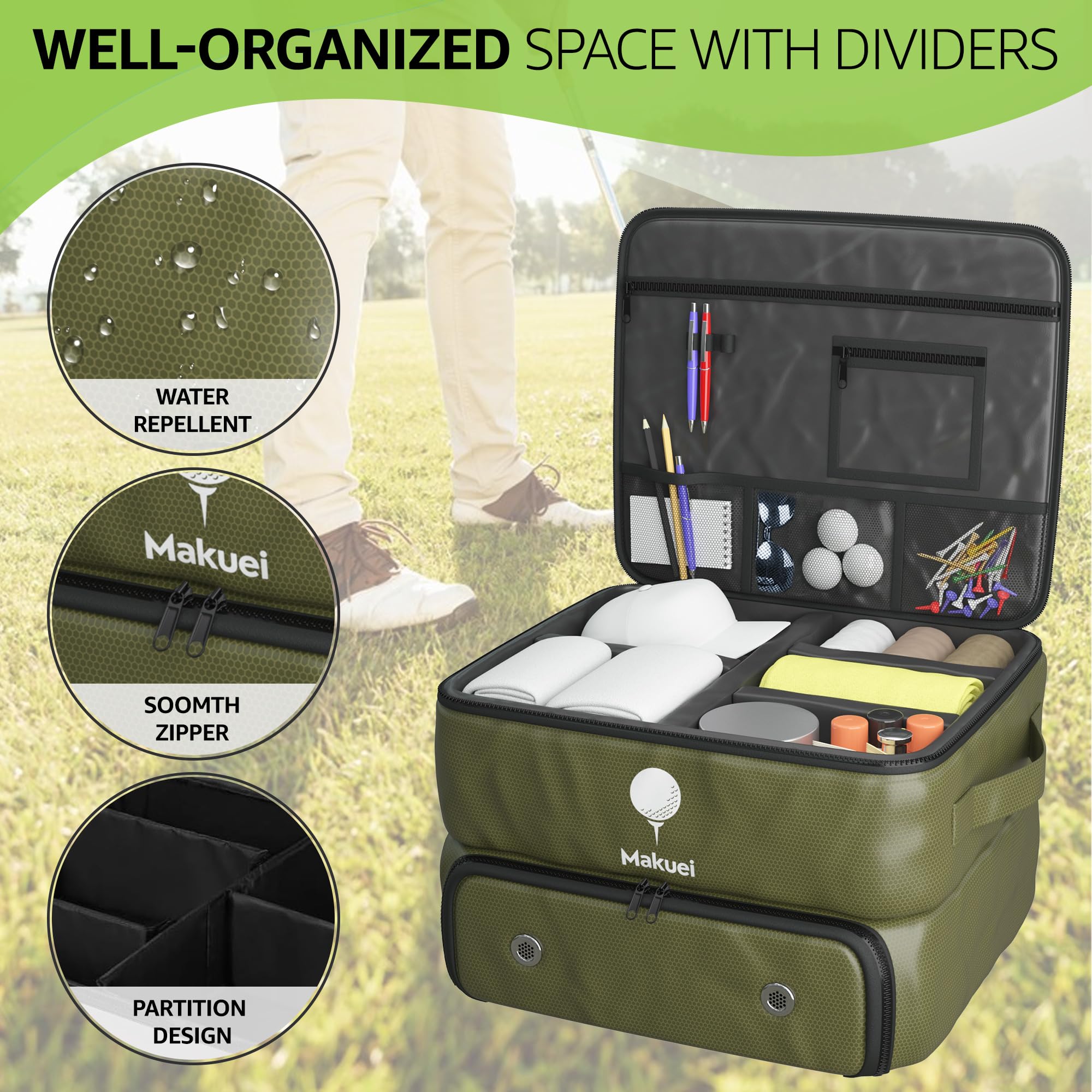 Makuei Golf Organizer - Sacca da golf impermeabile progettata con scomparti ventilati e organizer modulari per personalizzare lo spazio di stivaggio - Ottimo regalo per i golfisti