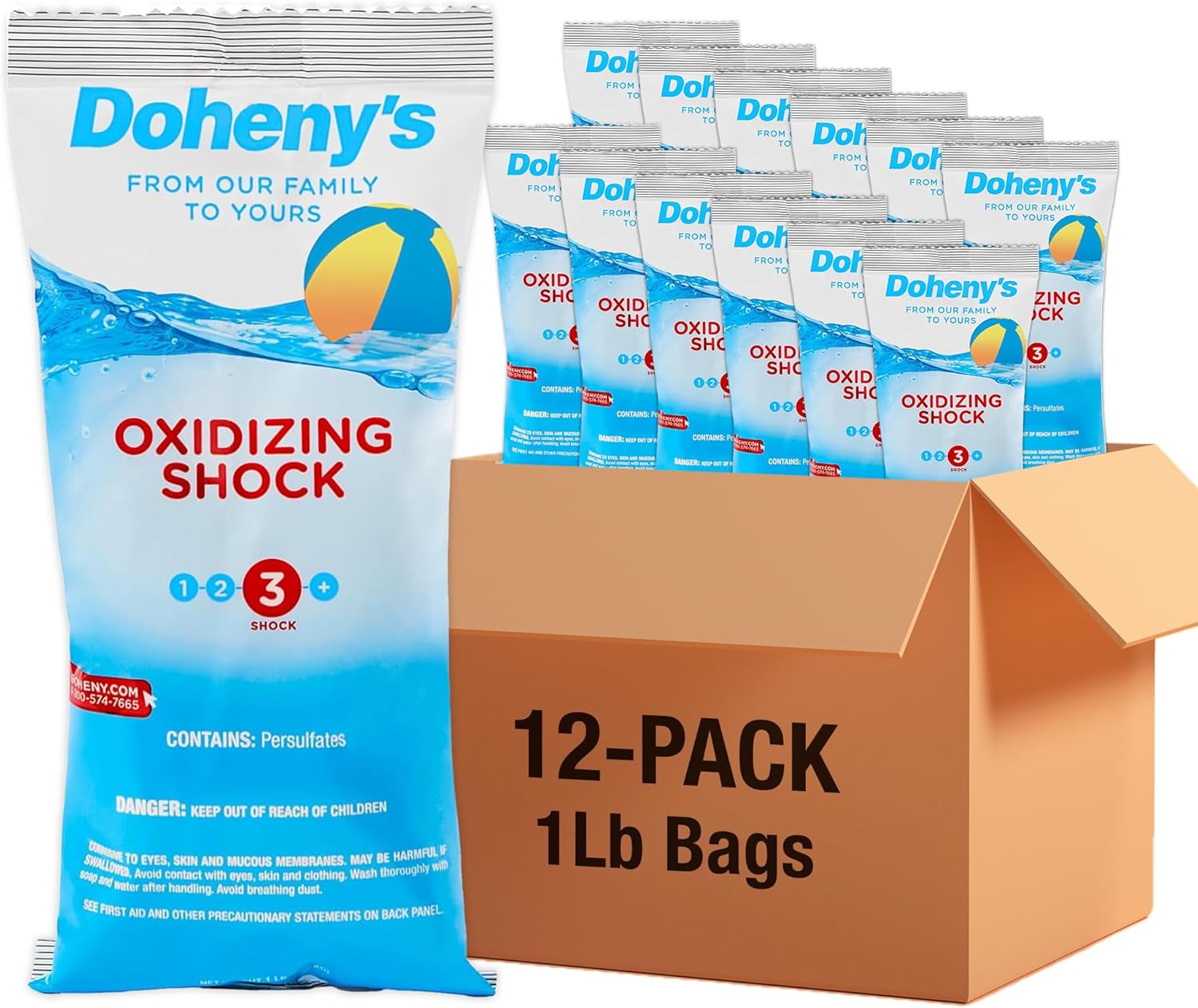 Doheny's Chlorine-Free Oxidizing Shock | Fast-Dissolving | Removes Chloramines & Boosts Free Chlorine | Safe to Swim 15 Minutes After Application | 12 x 1lb Bags (12lb Total)