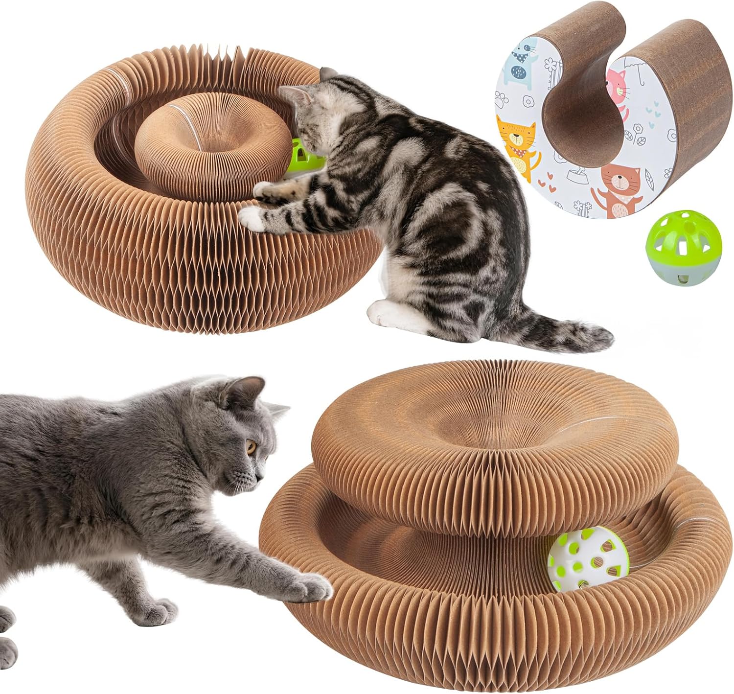 Kitty Kurlz Cat Toys for Indoor Kitten & Adult Cats – Magic Accordion Scratcher Board, Curly Scratch Ring, Enrichment Play Track with Ball, Flexible Kurls for Outdoor or Indoor Fun