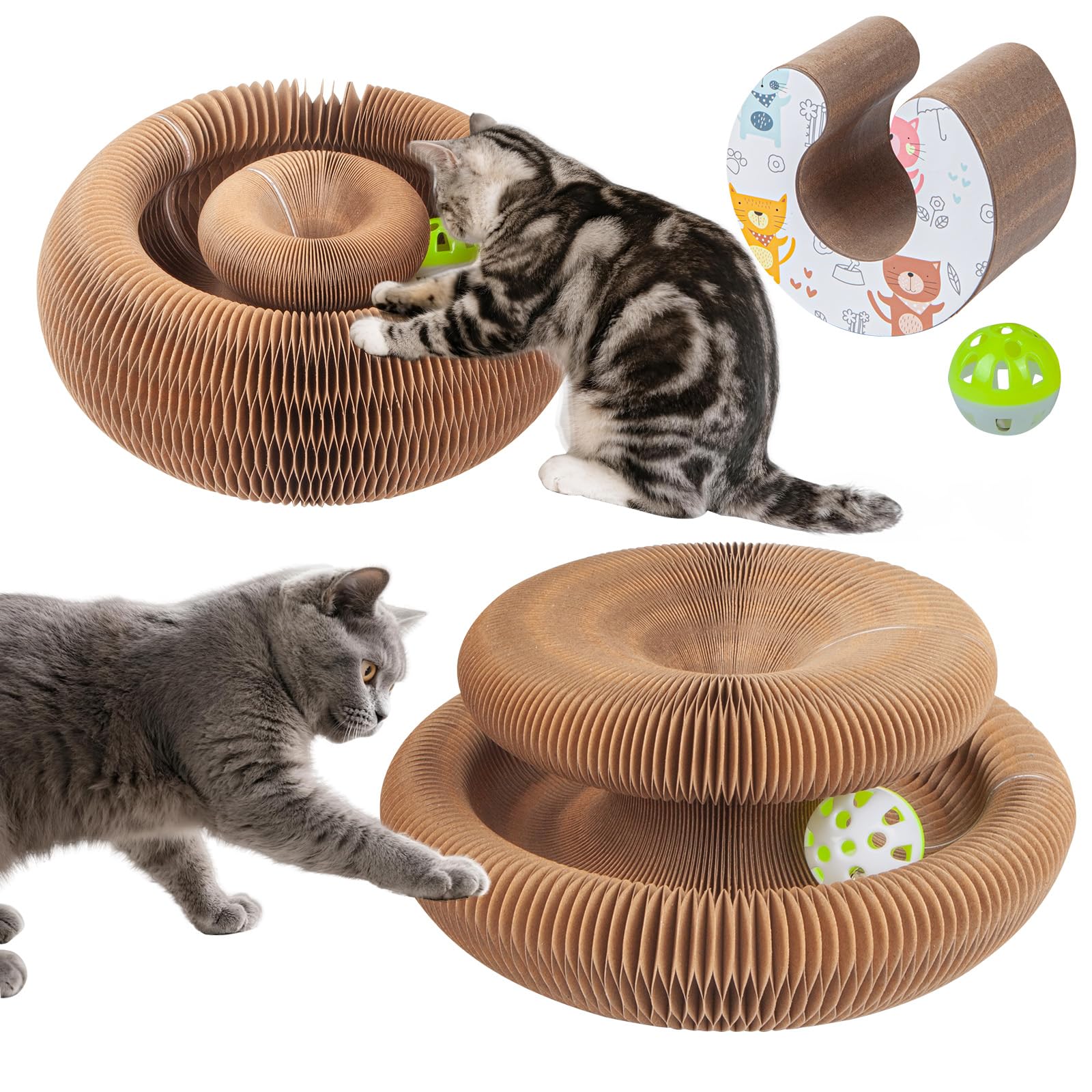Kitty Kurlz Cat Toys for Indoor Kitten & Adult Cats – Magic Accordion Scratcher Board, Curly Scratch Ring, Enrichment Play Track with Ball, Flexible Kurls for Outdoor or Indoor Fun