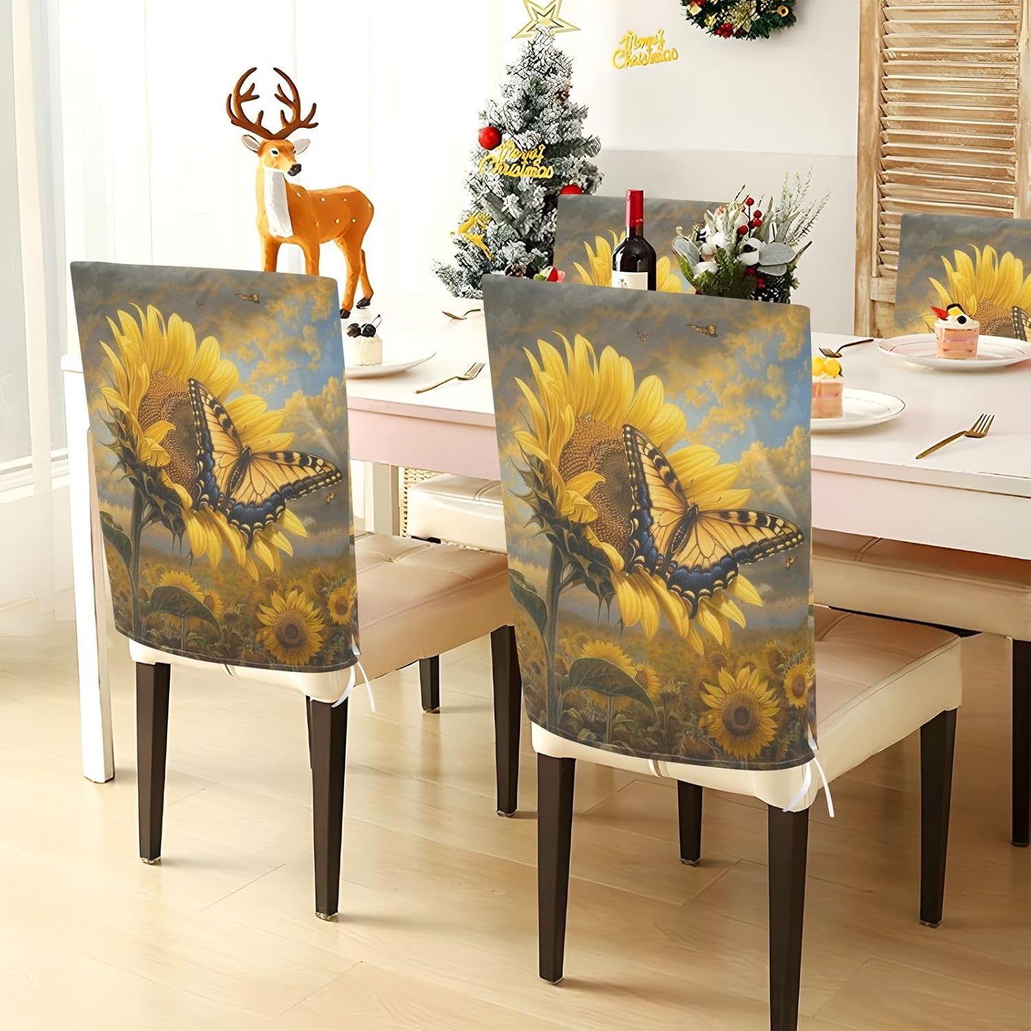 ALAZA Butterfly on The Sunflower Field Chair Back Cover Set of 6, Washable Reusable Removable Chair Slipcovers Decorative Chair Cover for Home Kitchen Wedding Party