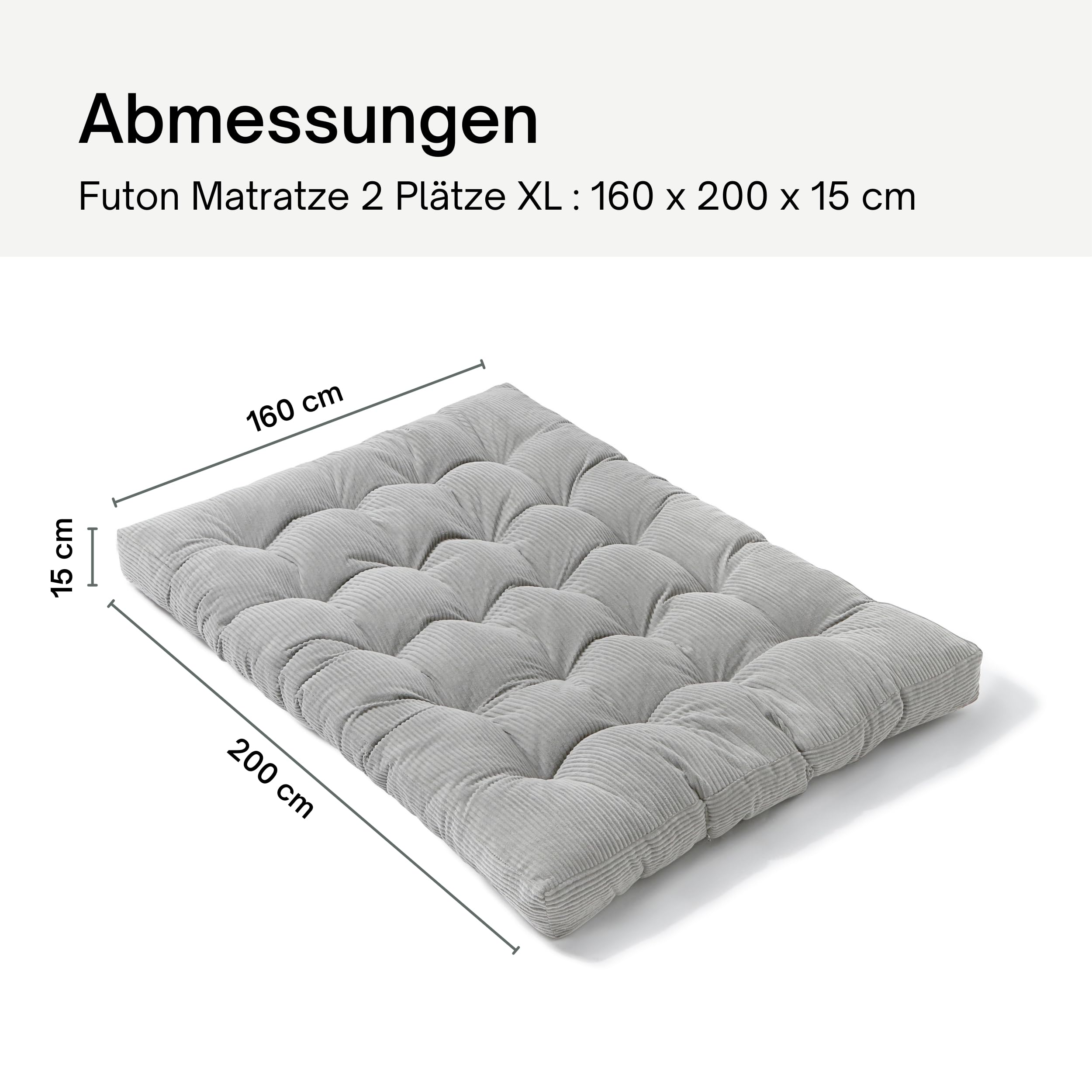 bananair - Futon für 2 Personen, Bequem & Dick, Schaumfüllung - Weicher & eleganter Breitcord Stoff - Inklusive Gurte, praktische klappbare Bodenmatratze (160x200 cm, Hellgrau)