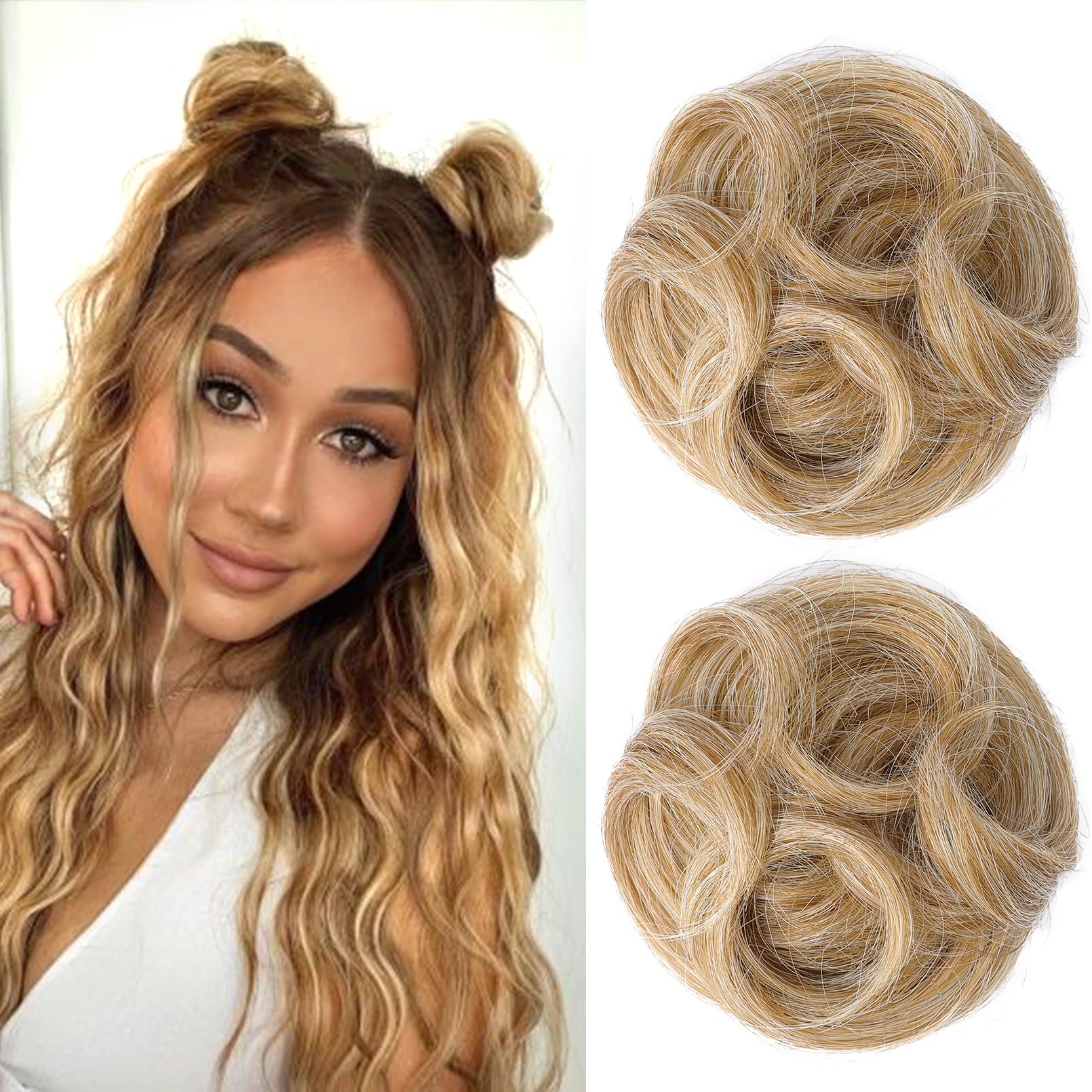 REECHO 2 PCS Mini Claw Clip in Messy & Cat Ears Hair Bun Extensions Wig Accessory Updo Hairpieces for Women Girls (Pack of 2-3.5" Wavy