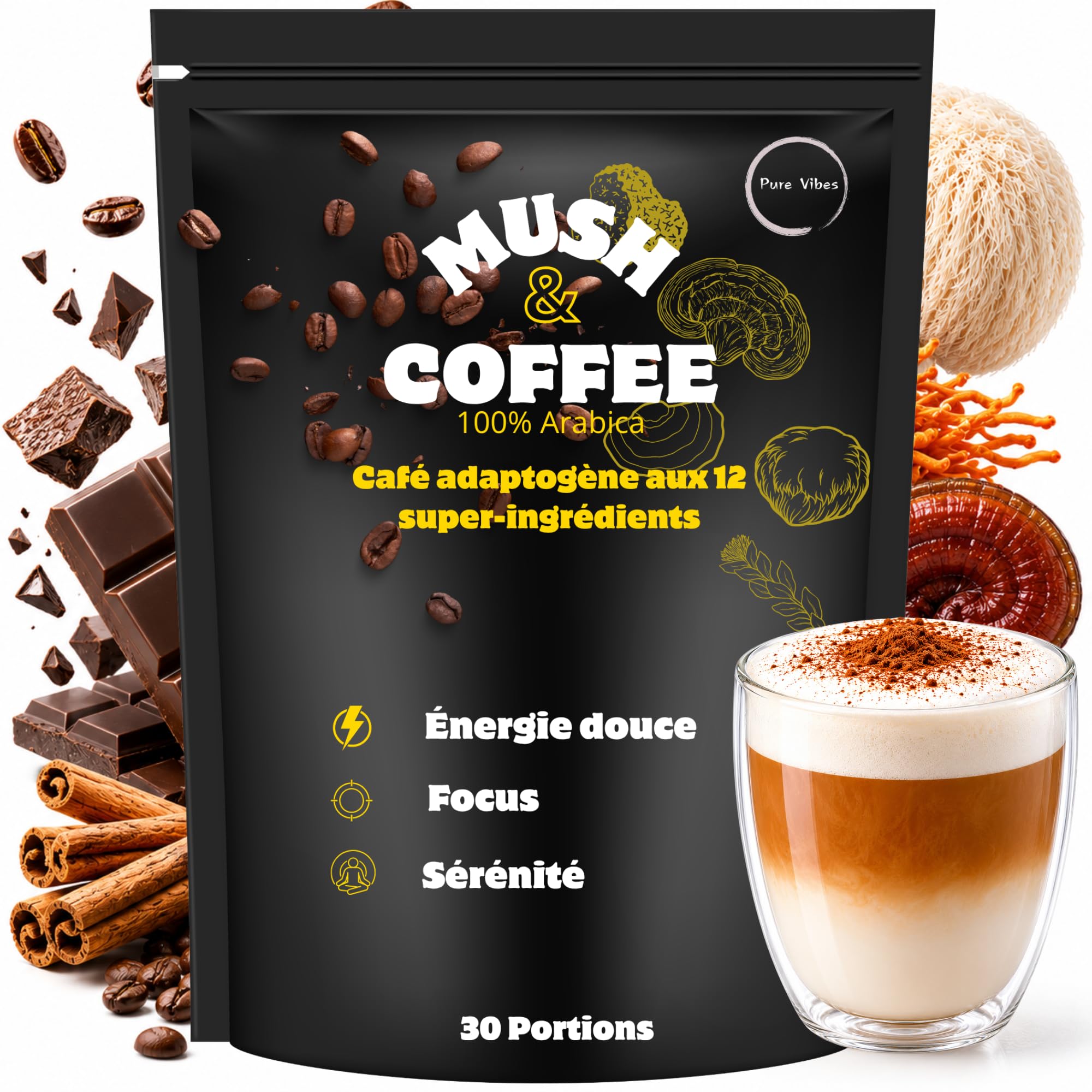 Alternative au Café – Substitut de Café Instantané Reishi & Lion’s Mane – PureVibes Mush & Coffee – Énergie Stable & Concentration – Vegan Sans Sucre – 15 Portions (30, Tasses)