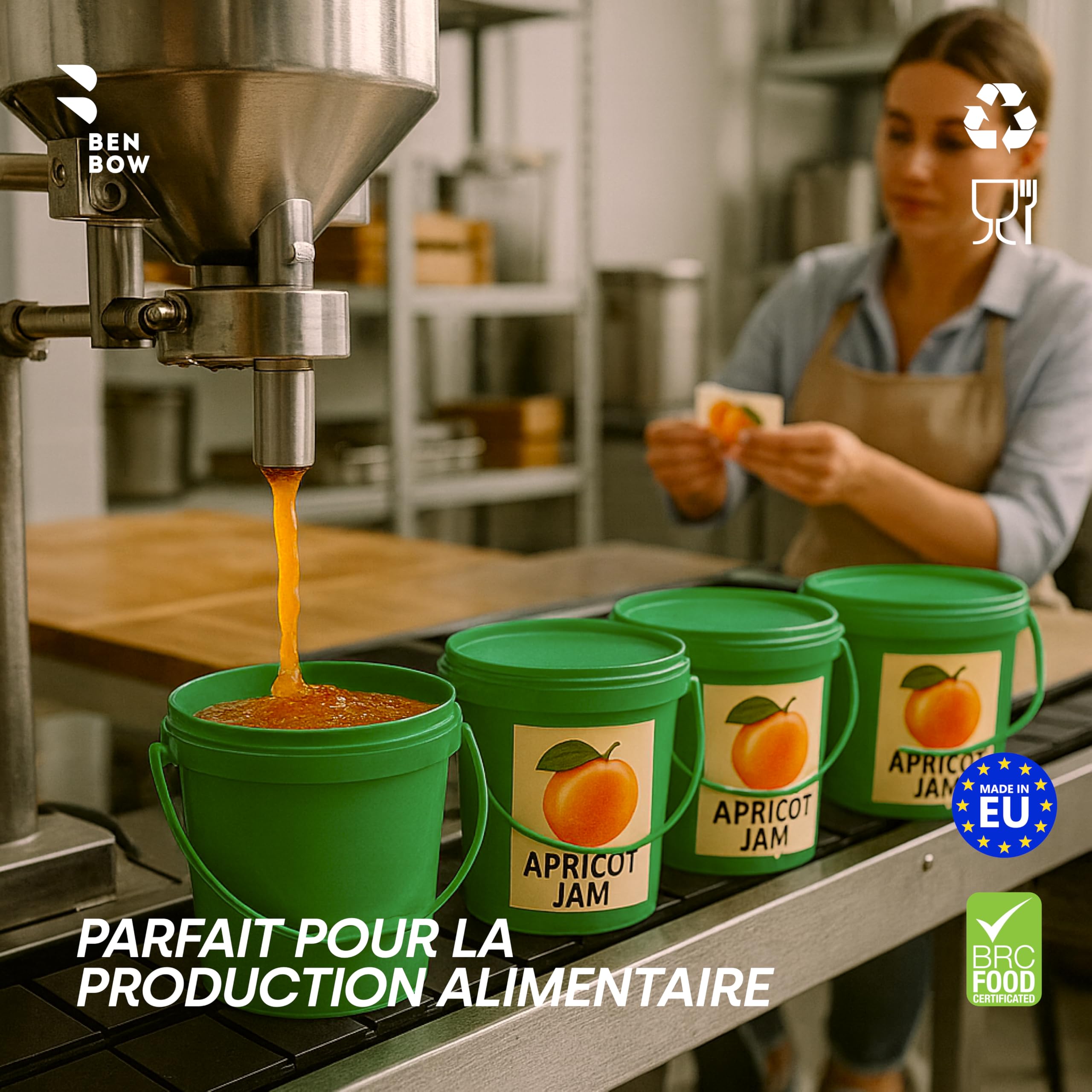 BenBow Seau avec Couvercle 1L Vert 20x 1 Litre - apte au Contact Alimentaire, Stable, hermétique, étanche, sans Odeur - récipient de Stockage en Plastique, avec poignée - Vide