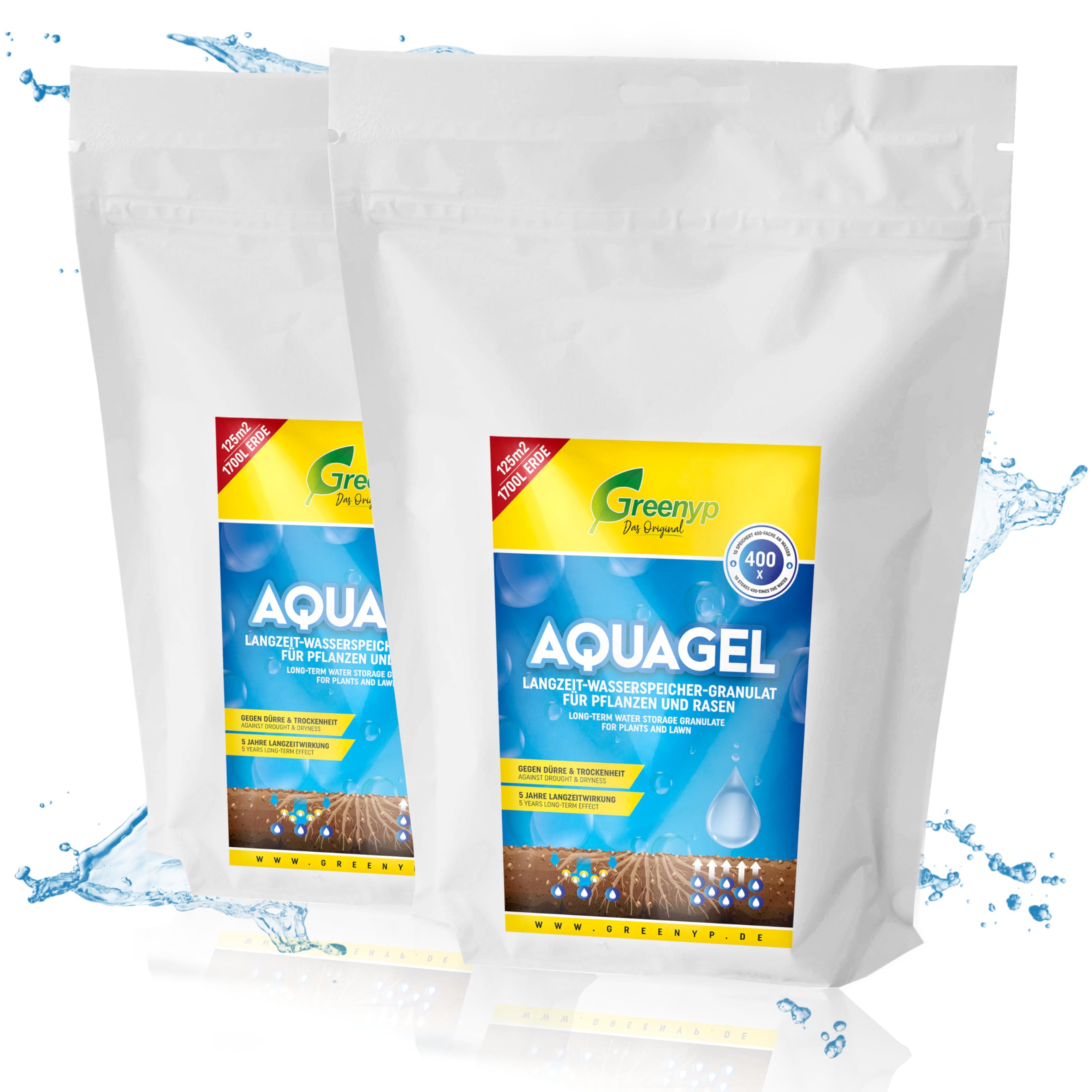 Greenyp Aquagel I Langzeit Wasserspeicher Granulat für Pflanzen, Bäume und Rasen gegen Dürre & Trockenheit I 5kg für 3400L Pflanzerde oder 250m² I speichert das 400-fache an Wasser I Superabsorber