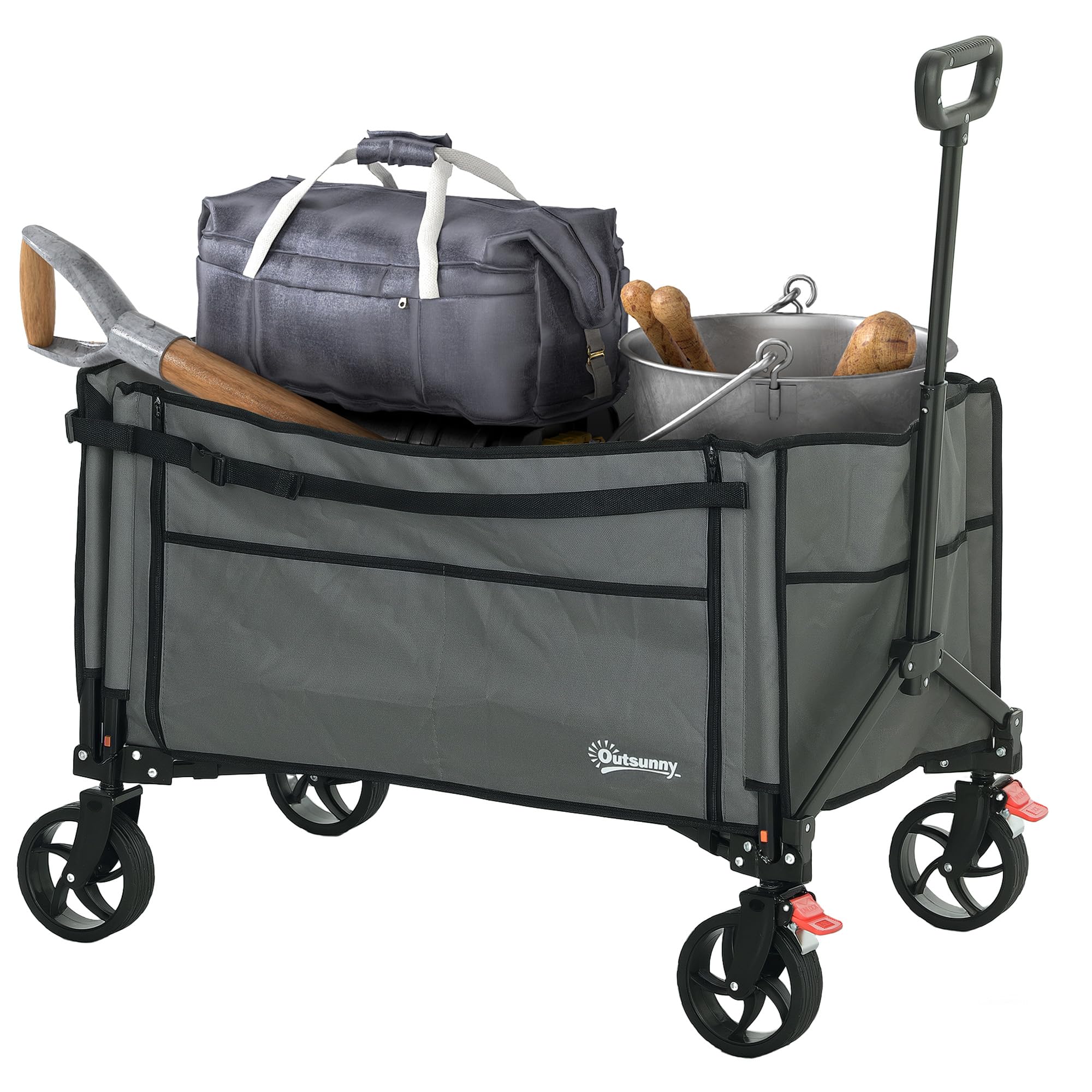Outsunny Folding Trolley on Wheels, 150L Collapsible Wagon Festival Trolley Cart with Openable Sides, Adjustable Handle and Brakes for Shopping Camping Beach and Garden, Grey