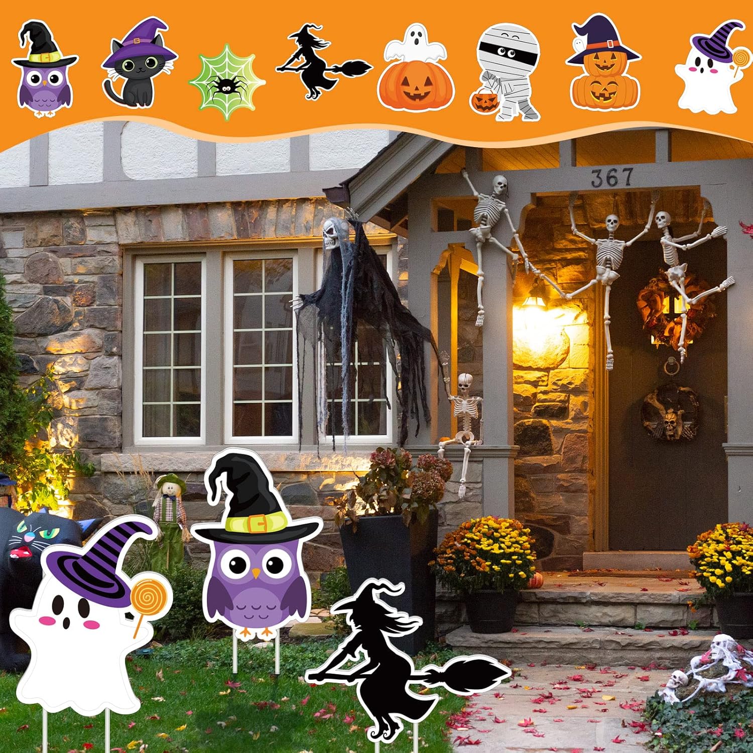 8 Pieces Cute Halloween Yard Stakes Large Halloween Garden Stake Pumpkin Ghost Witch Cat Yard Signs Halloween Lawn Decorations for Halloween Party Patio Outdoor