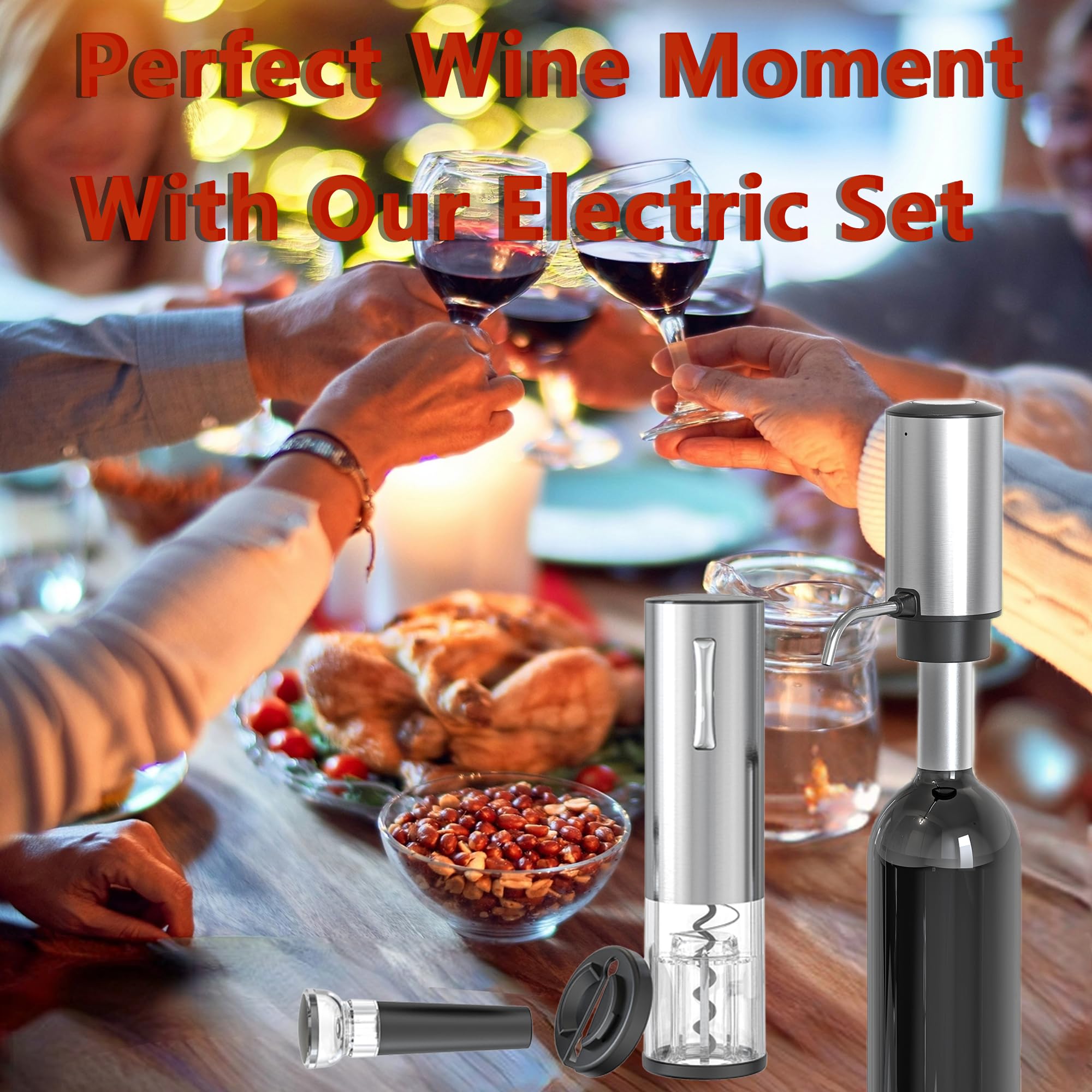 Juego de abridor y aireador eléctrico de vino con cortador de papel de aluminio y tapón al vacío, elegante caja de regalo de vino para Navidad, vacaciones y ocasiones especiales, perfecto para los