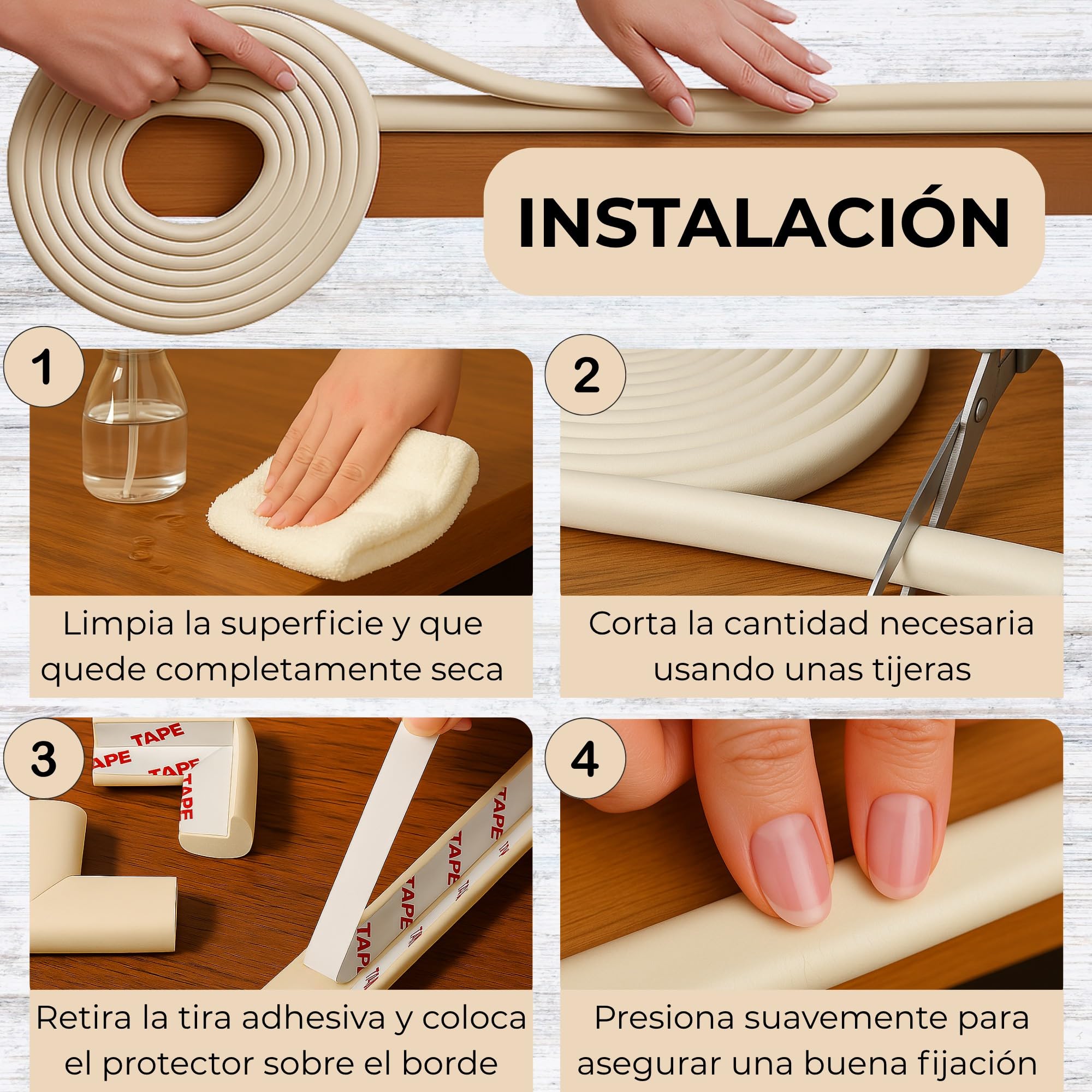Protector Esquinas y Bordes Bebé - 6 Metros de Cinta y 8 Cantoneras - Esquineras Protectoras de Muebles - Cantoneras Adhesivas de Espuma para Mesa, Pared - Protección Esquinas para Niños