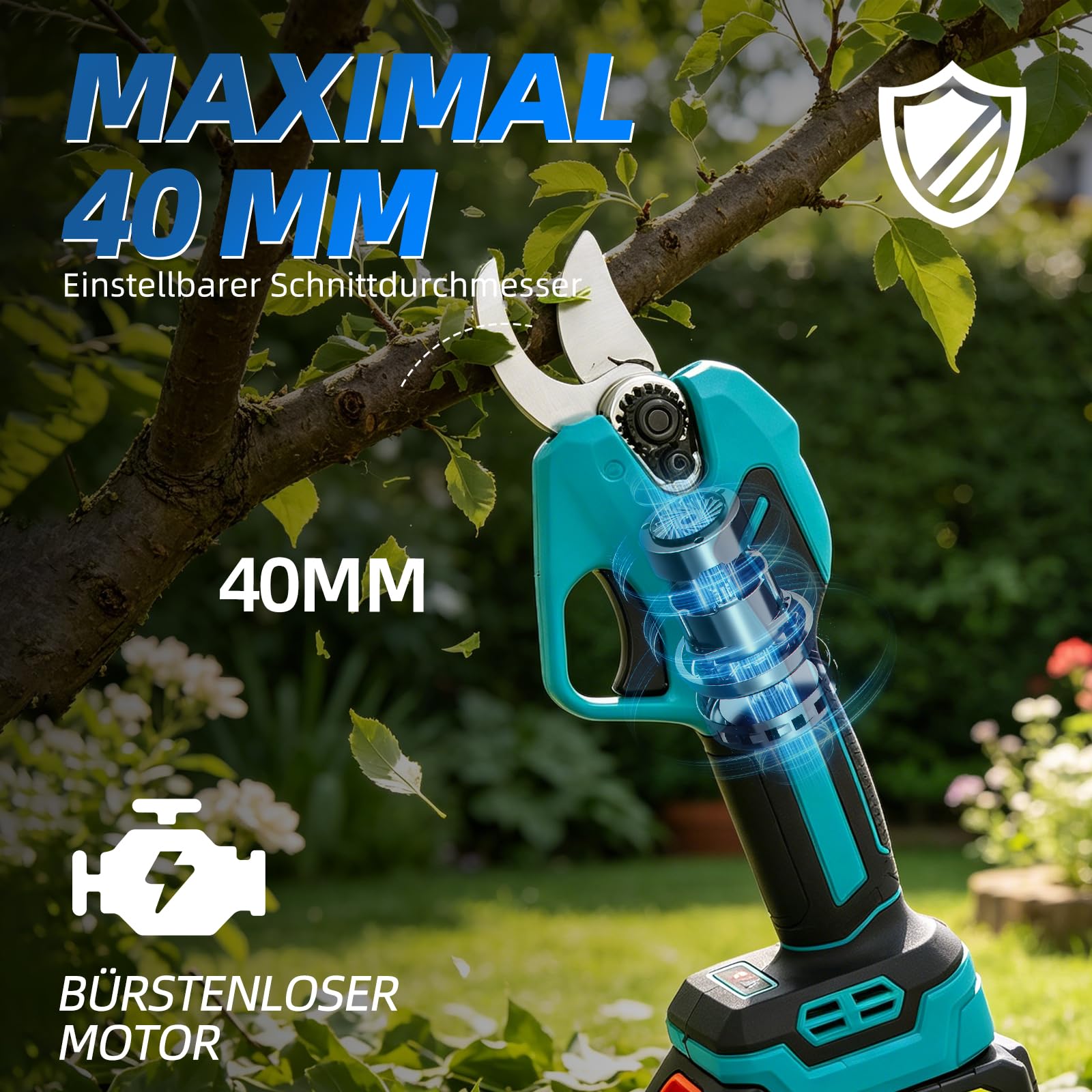2-in-1 Akku Teleskop-Gartenschere 40 mm mit SK5 Klinge | 2,5 m Teleskopstange, 4,6m Länge,1000W Bürstenloser Motor, 2x 4000mAh Akku, LCD-Display,für Bäume, Sträucher & Hecken