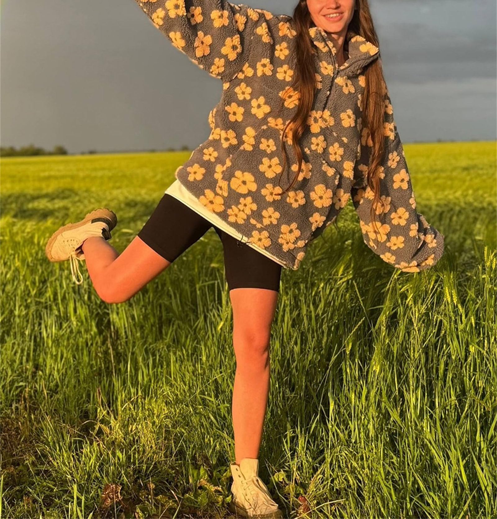 Generisch Blumen-Sweatshirts für Damen, trendig, Fleece-Pullover mit Viertel-/Halbreißverschluss, Sherpa, weich, übergroß, warm, flauschig