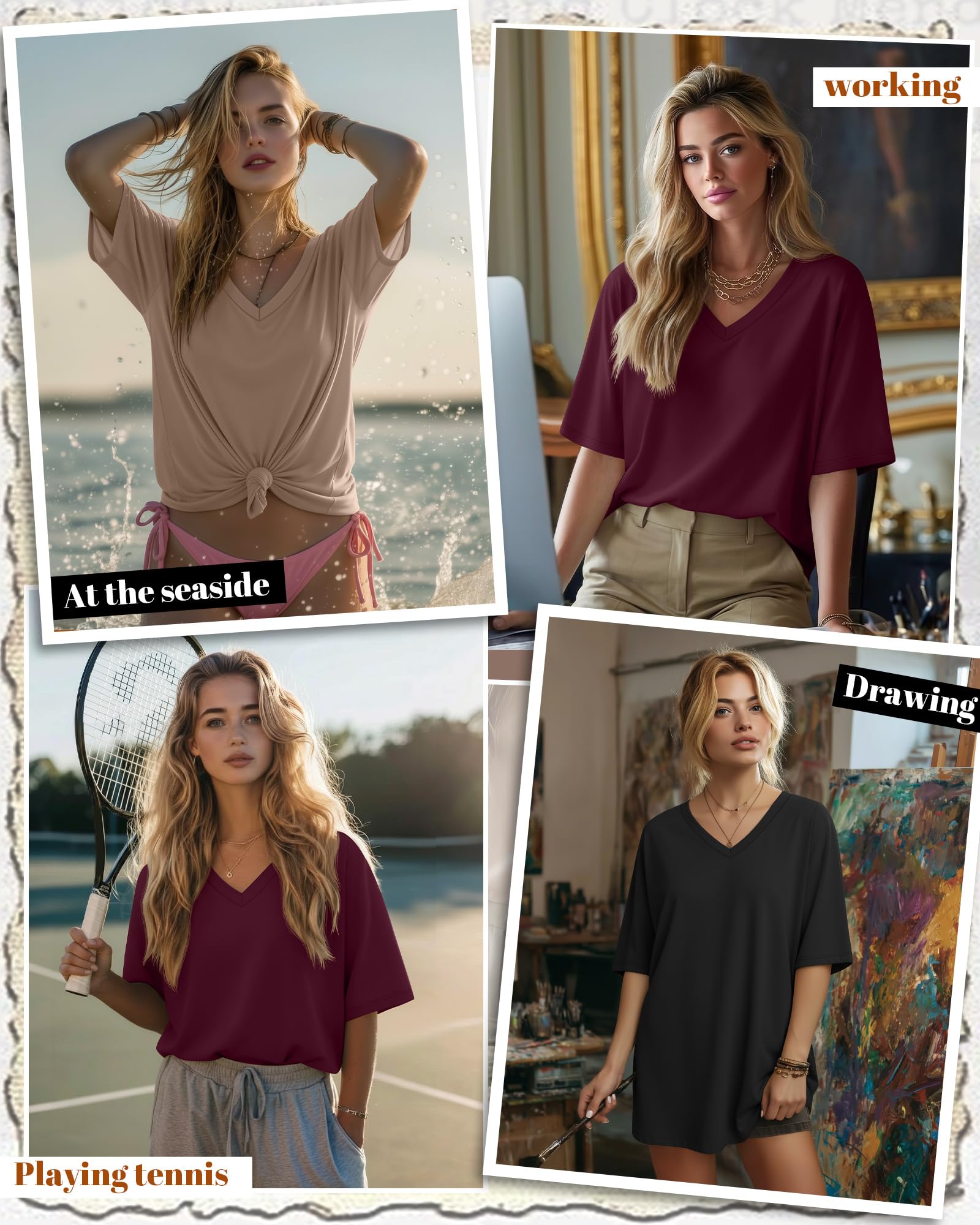 Geyoga Lot de 3 t-Shirts Oversize Femme à Manches Courtes et col V, Coupe Ample, Basiques et décontractés pour l'été