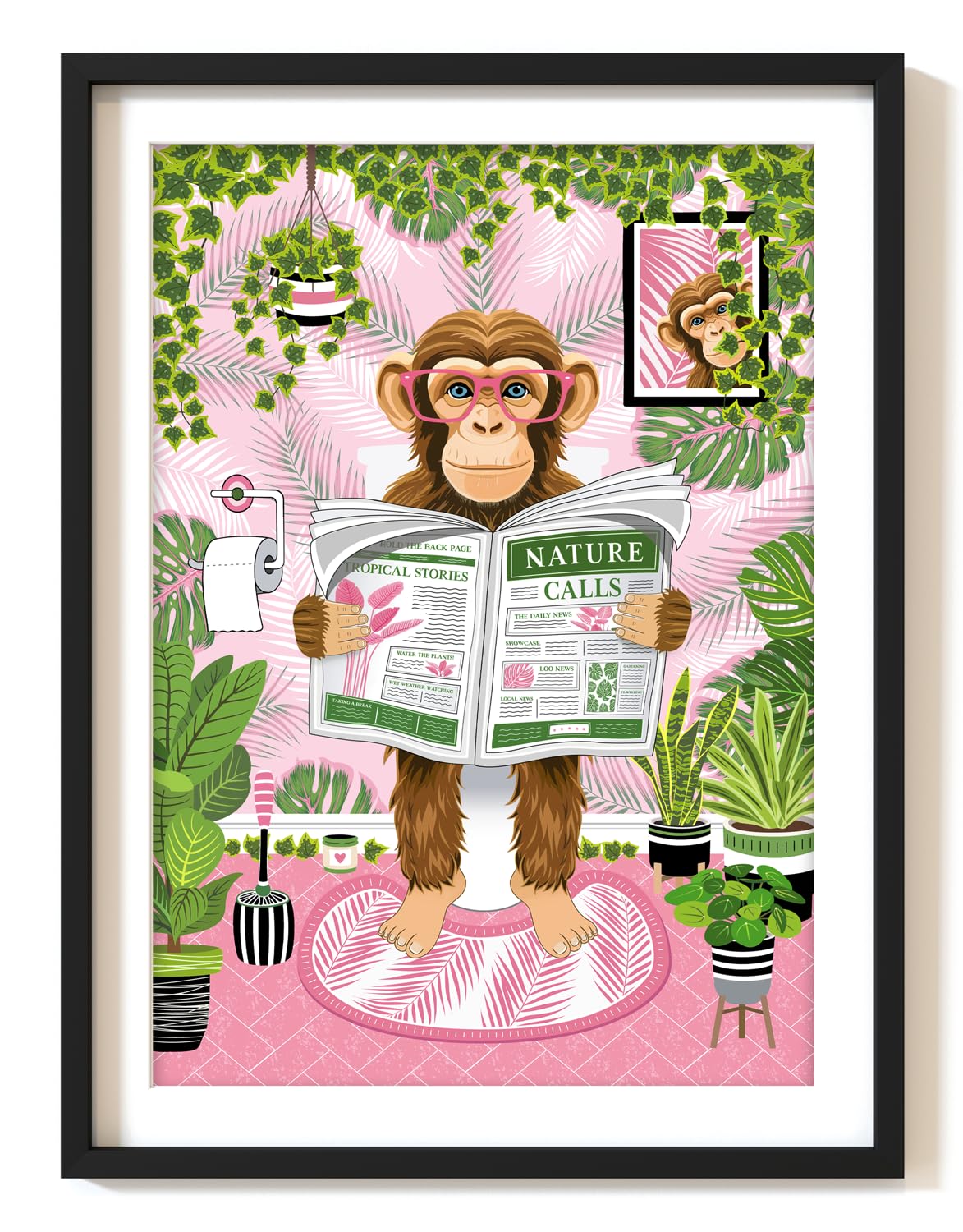Parmaro Monkey on Toilet Print, Monkey Reading Newspaper Bathroom Print, A4 UNFRAMED Print, Animal on Toilet Print, Botanical Pink Print Tropical Bathroom Decor