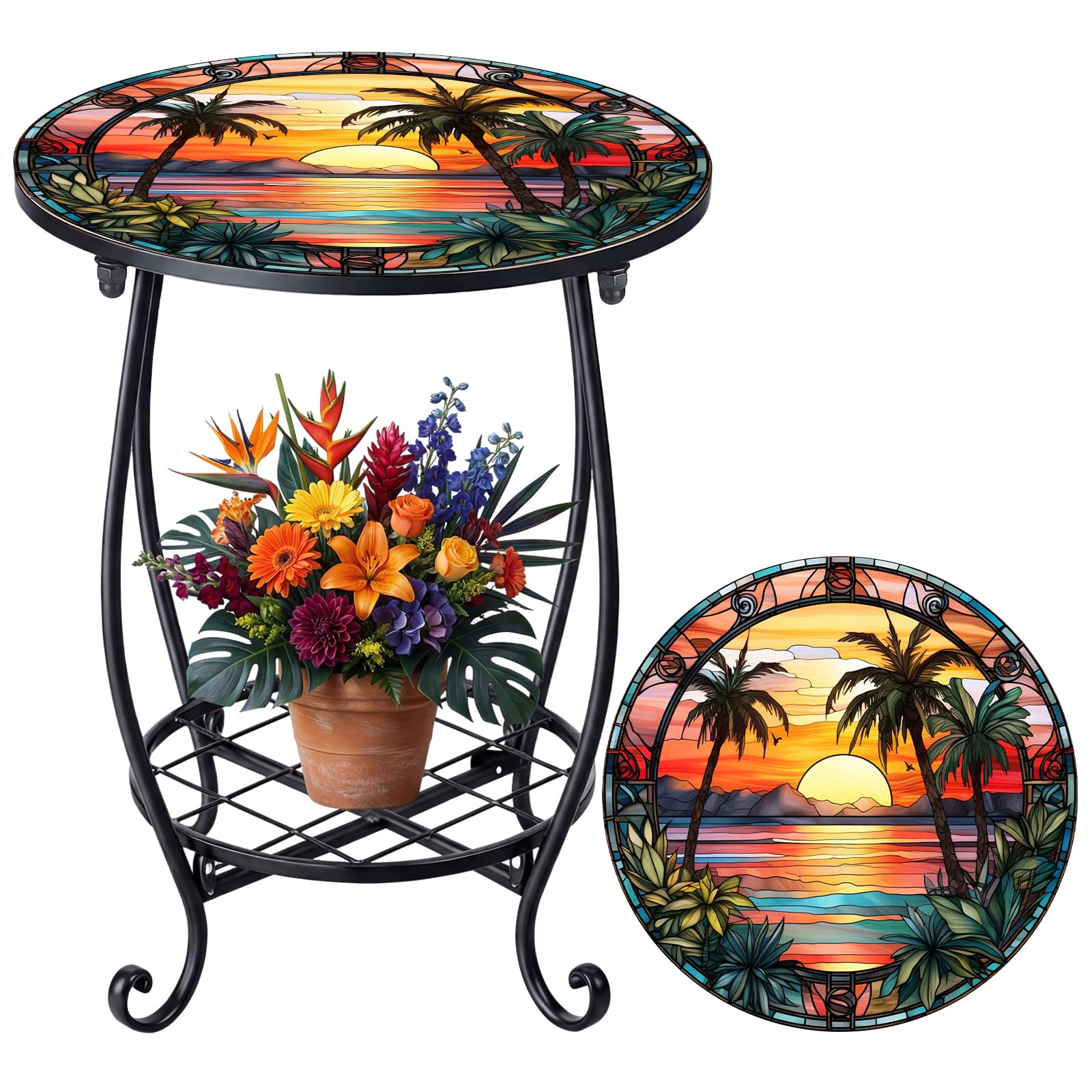 Cinnvoice Outdoor Side Table Round Small Mosaic Patio Accent Indoor End Plant Coffee Tea Table for Yard Patio Porch Garden Living Room, Bedroom(Palm Tree Style,14 Inch)