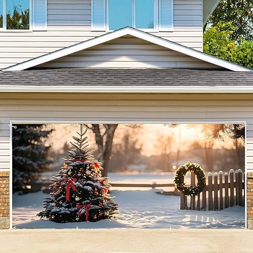 Winter Christmas tree Garage Door Decoration Background Natural Scene Wonderland