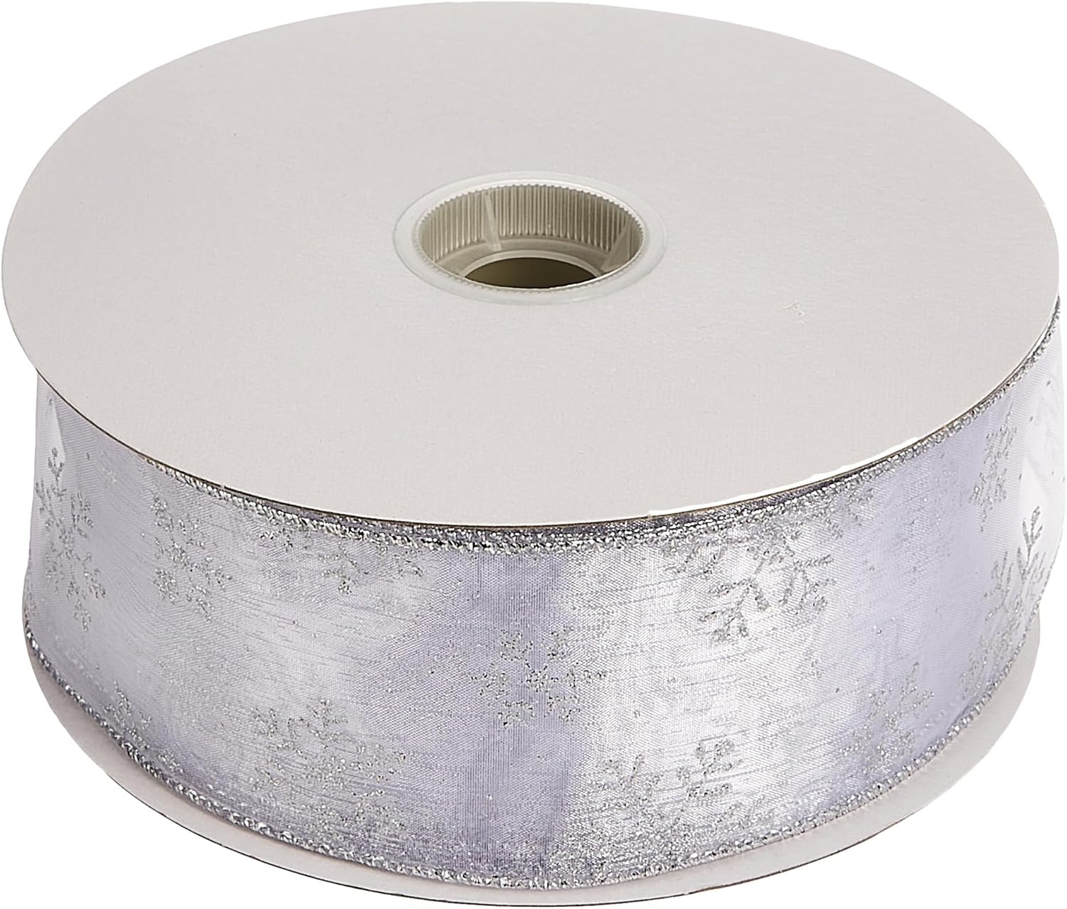 Morex Ribbon 7405.60/50-701 Snowflake 2.5 X 50 YD Nylon Sheer Wired Glitter Ribbon, White/Silver, Ribbon Art Supplies for Christmas Decorations, Indoor Christmas Ribbon for Gift Wrapping Art Set