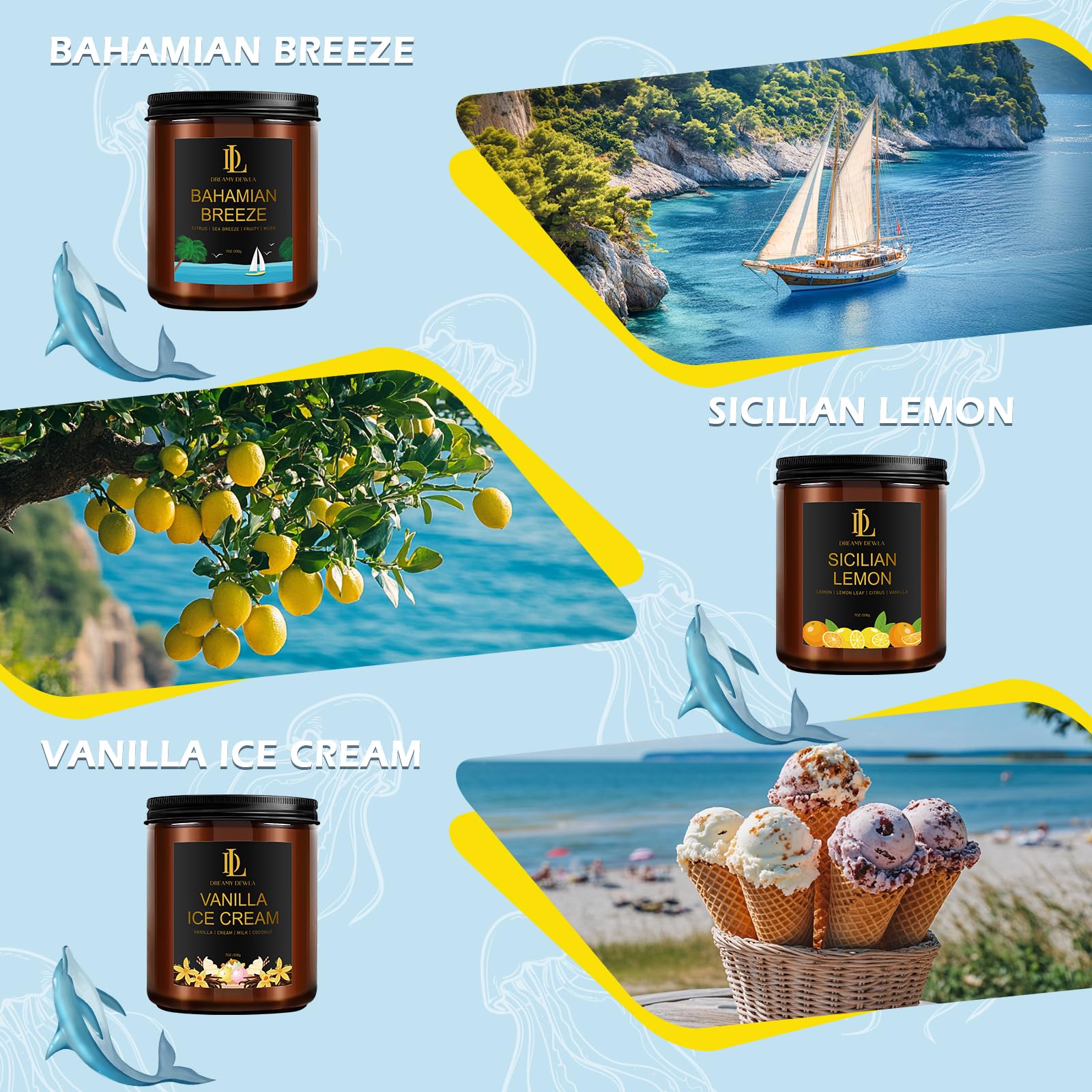 Juego de 6 velas perfumadas, 42 onzas, 300 horas de larga duración, velas de soja para el hogar, aromas de arena rosa/vainilla de coco/brisa de Bahama/cóctel de piña/limón iciliano/helado de vainilla
