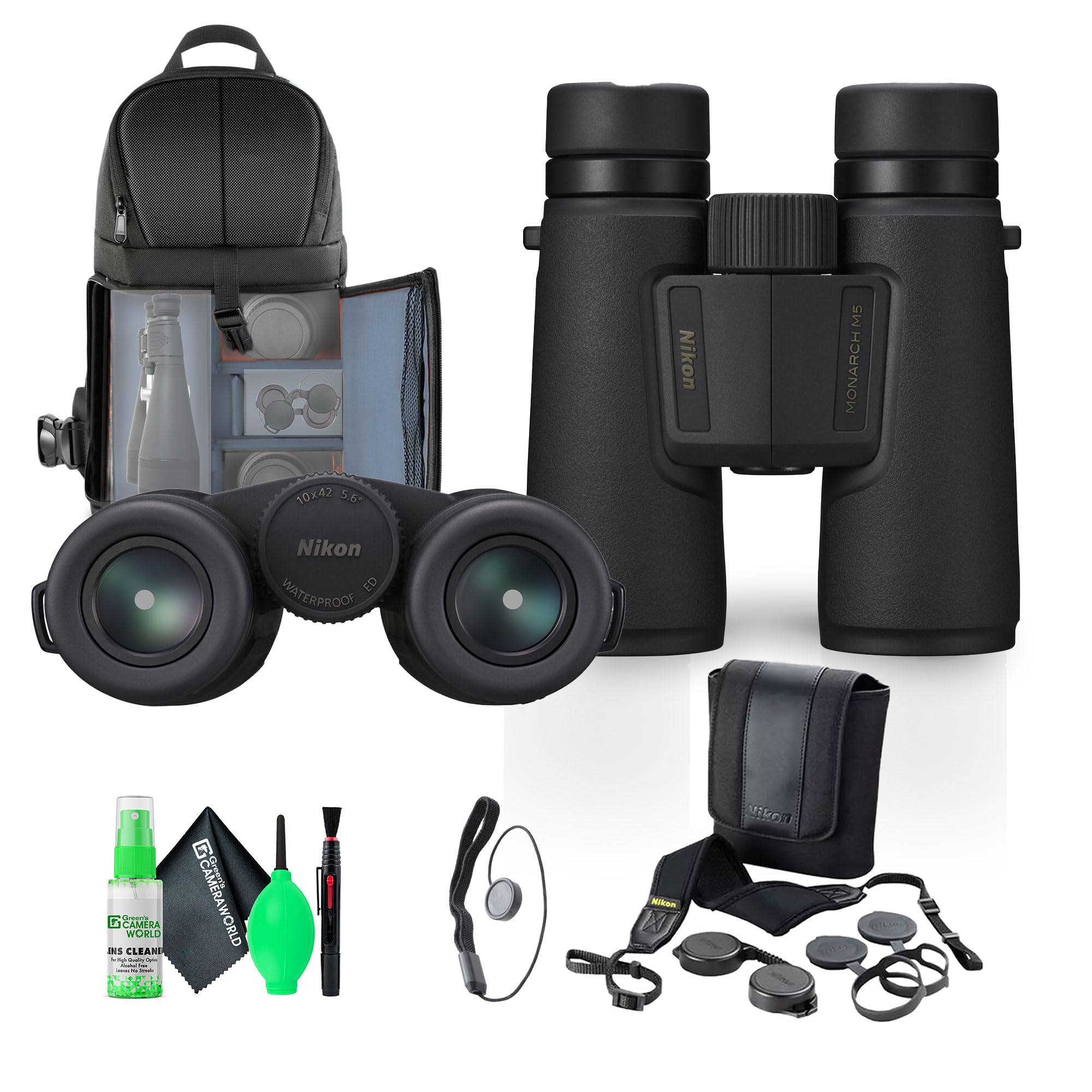 Nikon 10x42 Monarch M5 Roof Prism Waterproof, Fogproof Binoculars (Black) (16768) + Sling Backpack + Cleaning Kit + Lens Cap