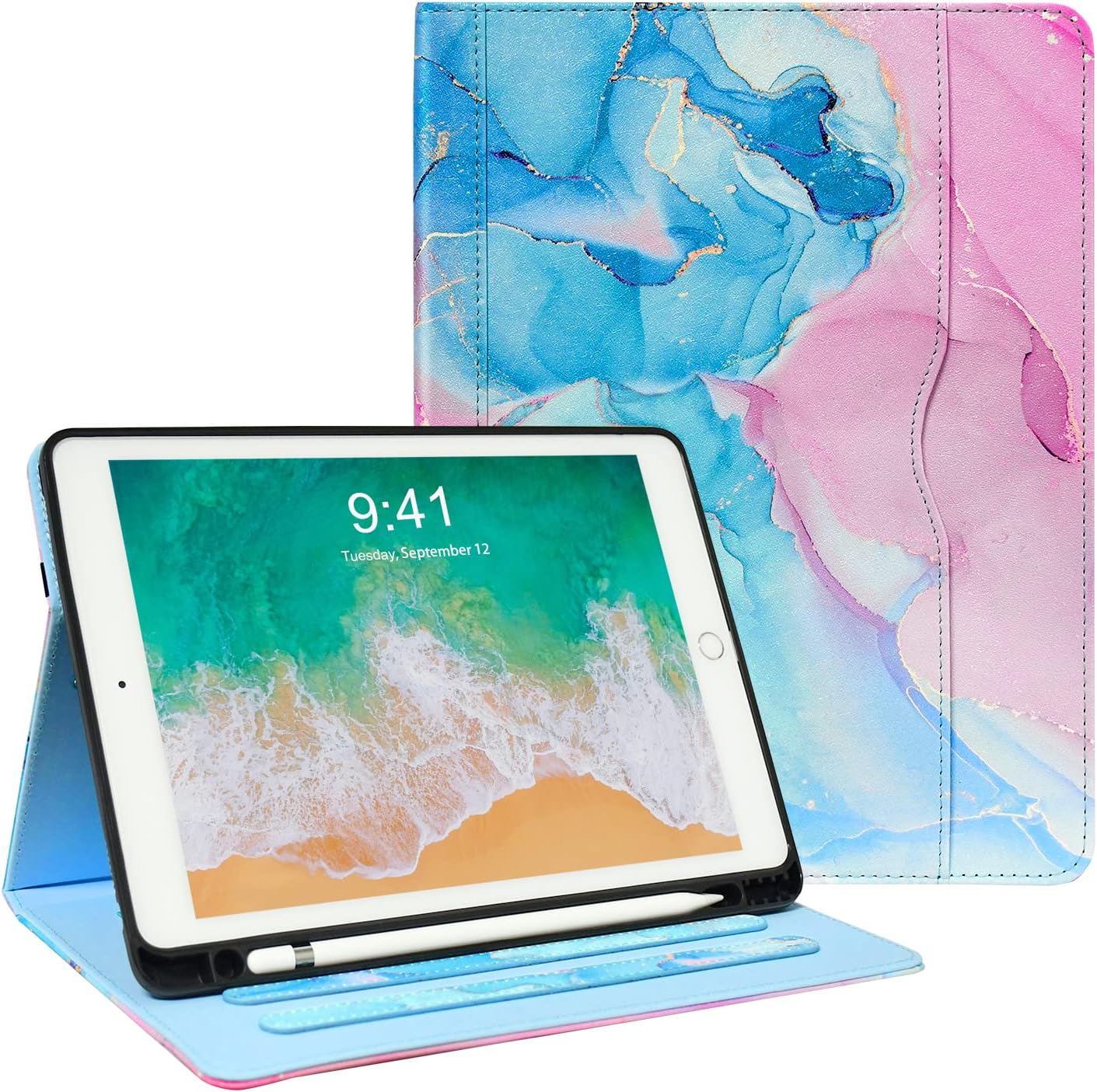 Zonefoker Cases for iPad 6th 5th Generation 2018/2017, iPad Air 2 Case 2014, iPad Air 2013, iPad Pro 9.7 inch Case 2016 with Pencil Holder, Leather Folio Cover for Kids, Women, Men, Marble Teal Pink