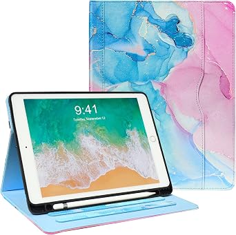 Zonefoker Cases for iPad 6th 5th Generation 2018/2017, iPad Air 2 Case 2014, iPad Air 2013, iPad Pro 9.7 inch Case 2016 with Pencil Holder, Leather Folio Cover for Kids, Women, Men, Marble Teal Pink