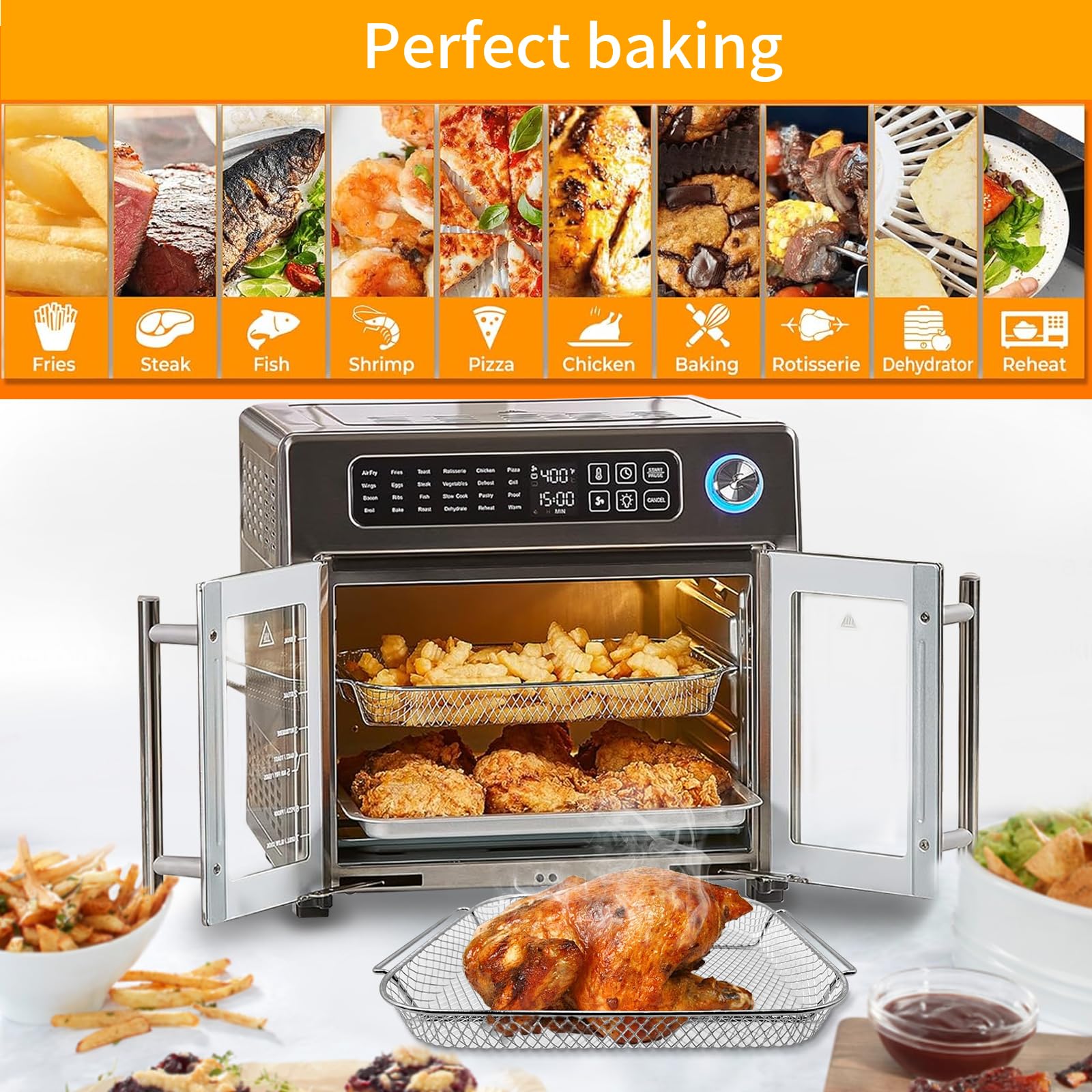 3-teiliges Set, Backform, Frittierkorb, Drahtgestell für Emeril Lagasse 26QT, extra große Luftfritteuse, Konvektionstoaster, Ofen, Lebensmittelqualität, Stahl, Luftfritteuse, Zubehör,