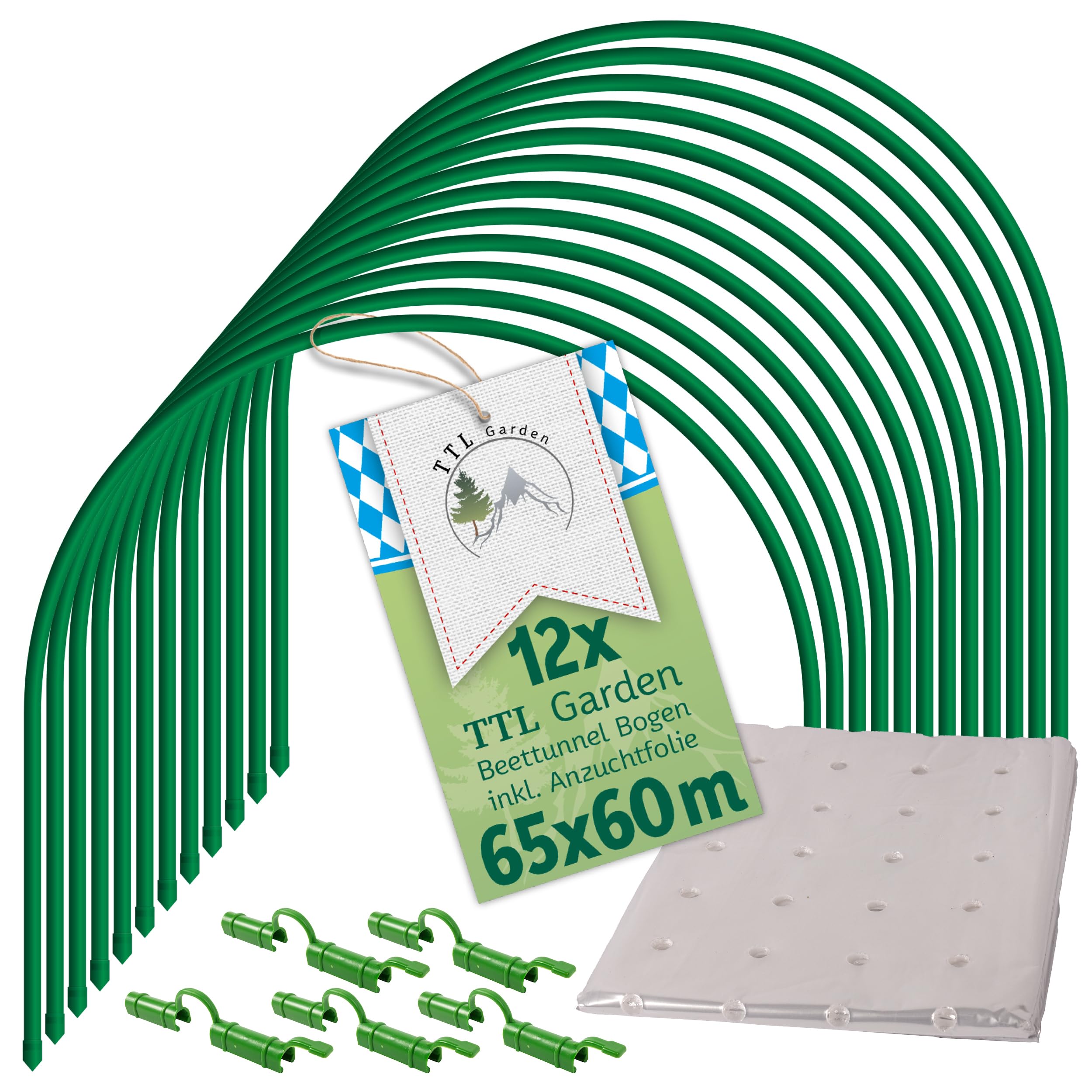 TTL Garden 12 x 65 x 60 cm Tunnelbogen met PE-folie clips - 12 x folietunnel bogen 65 cm breed staal gecoat rond blad voor afdekking broeibed PE geperforeerde folie