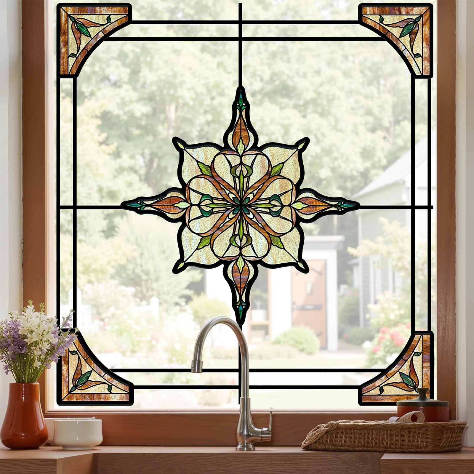 ADD.HERES Window Stickers, ‌Stained Glass Window Privacy Film, UV Blocking Static Cling for Home Kitchen Office Bathroom, Amber Starry Light, 11.81" X 15.75"