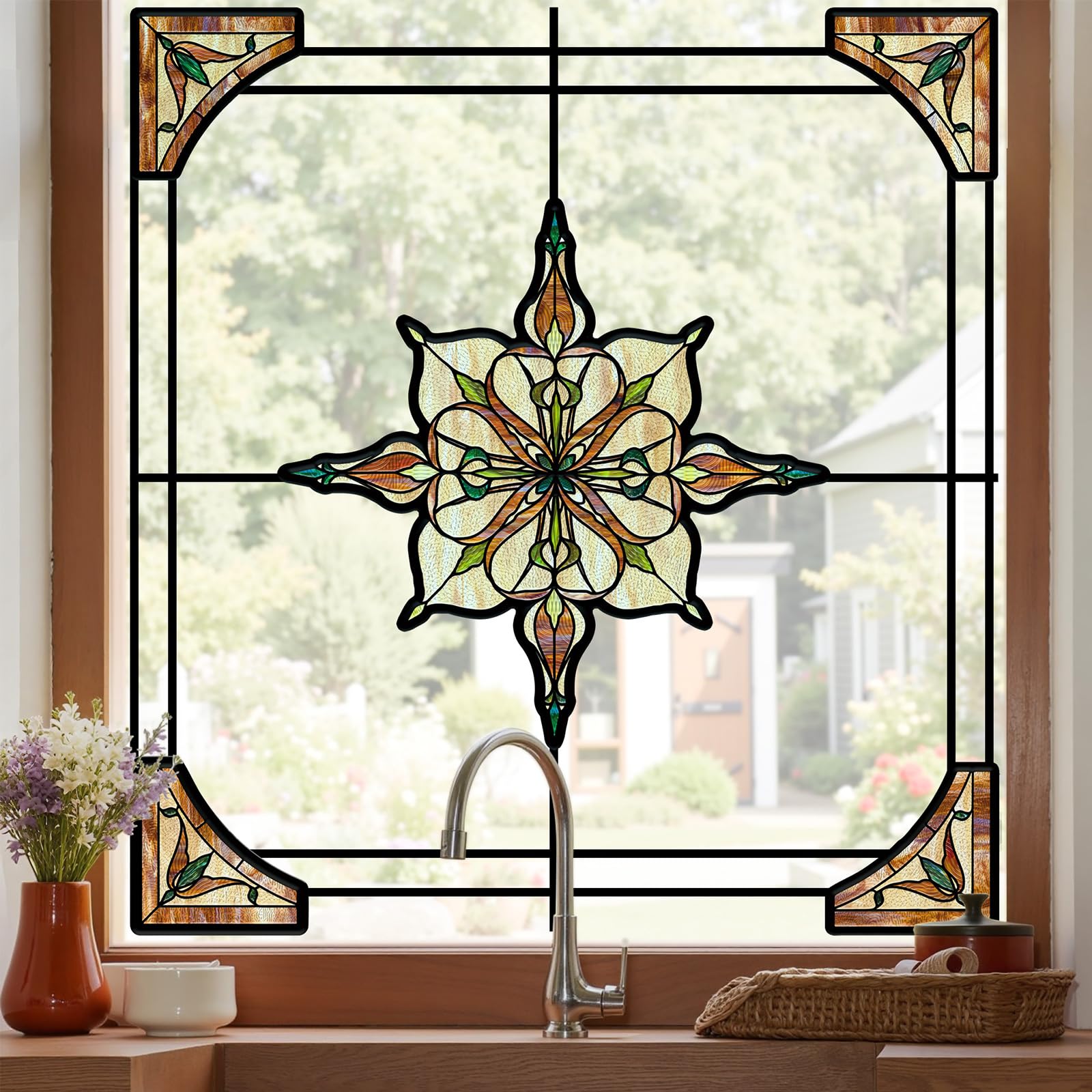 Window Stickers, ‌Stained Glass Window Privacy Film, UV Blocking Static Cling for Home Kitchen Office Bathroom, Amber Starry Light, 11.81" X 15.75"