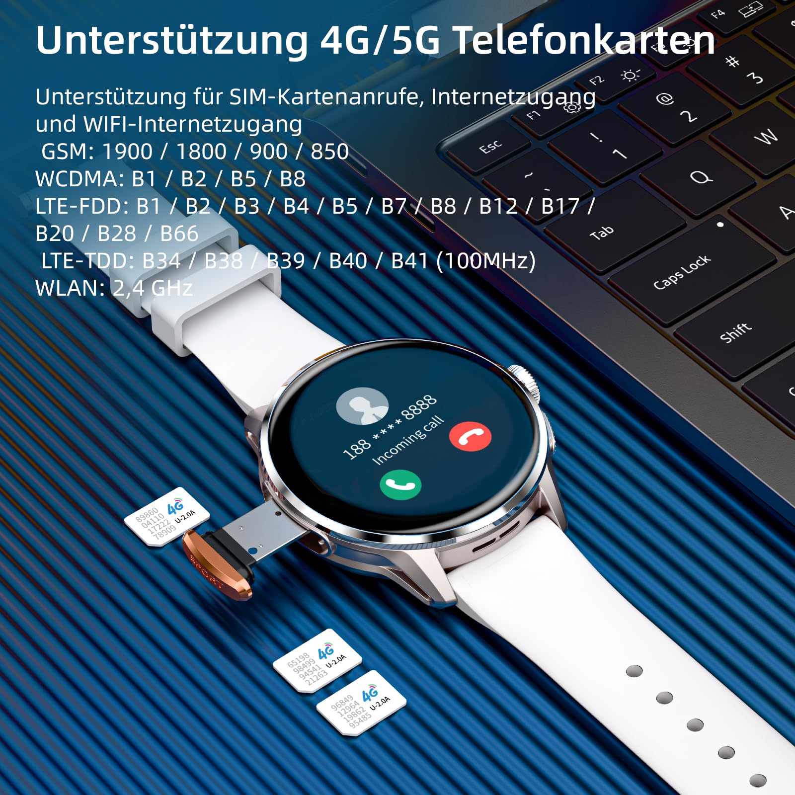LOKMAT 4G SIM-Karte Android Smart Watch,1,6 Zoll AMOLED Großbildschirm 3 GB + 32 GB Smartwatch für Männer und Frauen mit drehbarer Kamera, WiFi, GPS,Fitness-Aktivitätstracker-Uhr (Silber)