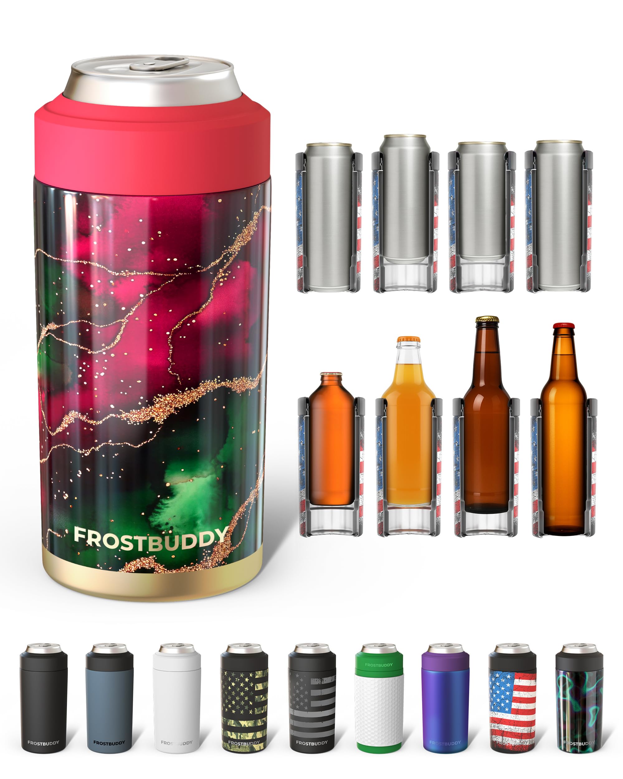 Frost Buddy Universal Can Cooler - Fits all - Stainless Steel Can Cooler for 12 oz & 16 oz Regular or Slim Cans & Bottles - Stainless Steel (Merry