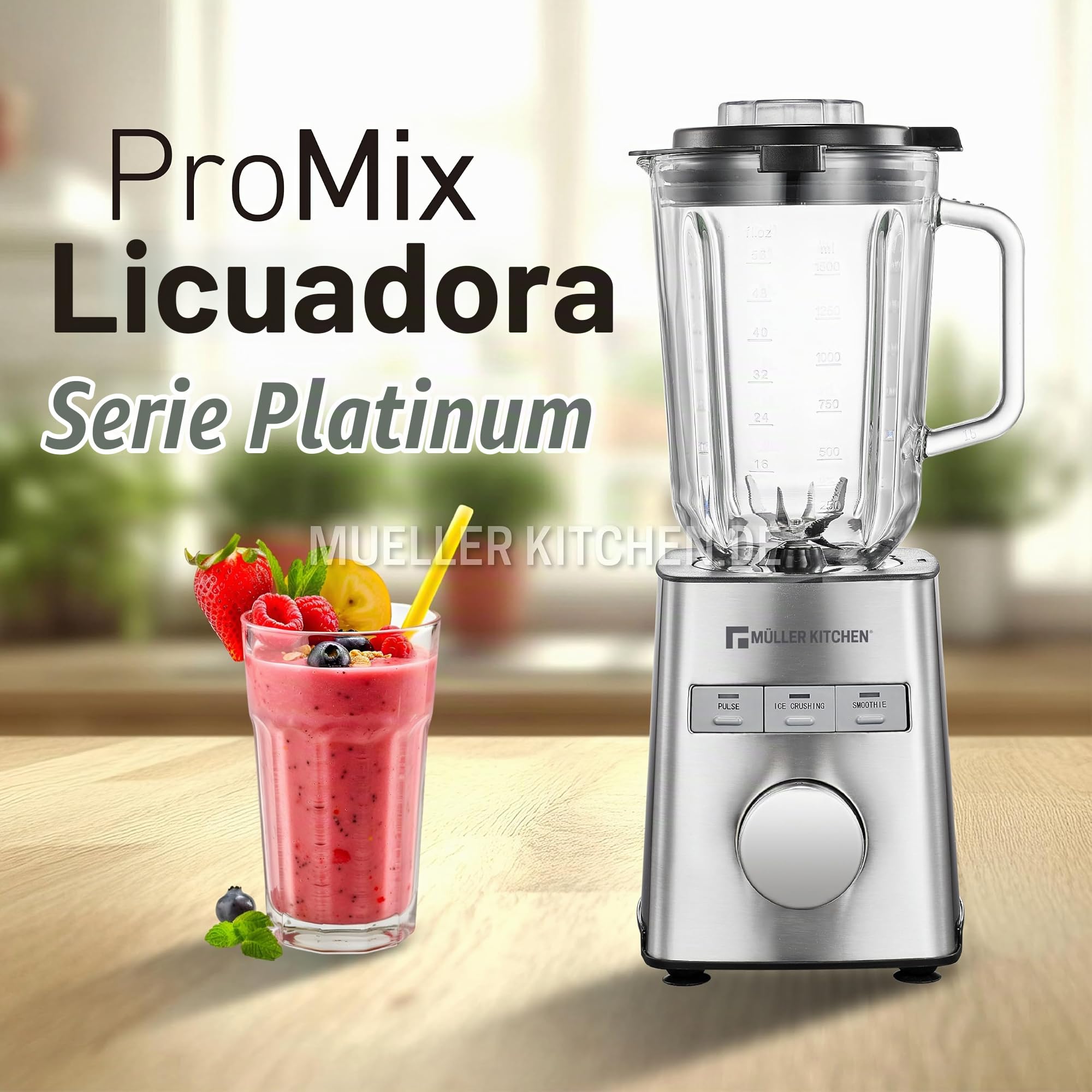 Muller Kitchen MK-6065 Batidora de vaso (1000W, Jarra de Cristal de 1,5L, Cuchilla INOX de 6 filos, 3 programas automáticos, 5 velocidades variables, Picadora de hielo, Carcasa INOX)