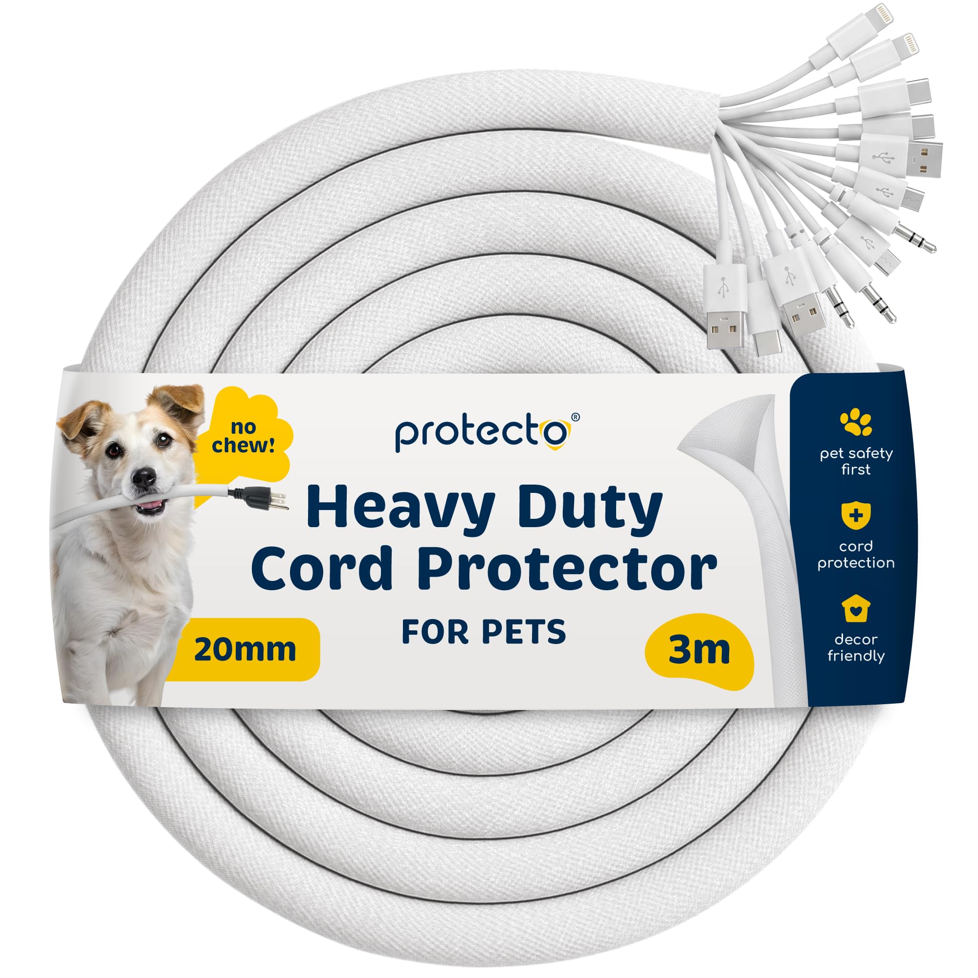 PROTECTO Heavy Duty Dog & Cat Cord Protector 3m Long Sleeve, Easy to Use 20mm in Cord Cover for Pet, Odorless White Color, No Chew Solution for Power, Audio & Video Wire Tubing, Fits 8-13 Cables