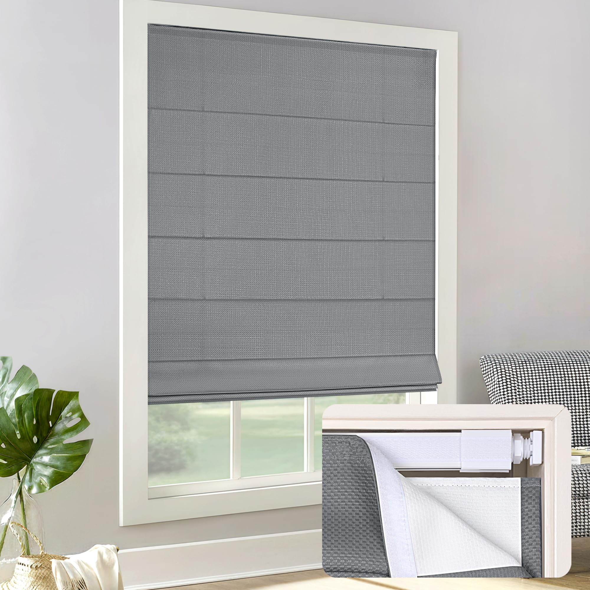 LazBlinds No Drill Light Filtering Roman Shades, Charcoal, 26" W x 64" H