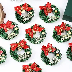 6 mini guirlandas de Natal com laço e sino dourado, grinaldas artificiais verdes para árvore de Natal, festa de inverno, decorações de casa de bonecas de janelas