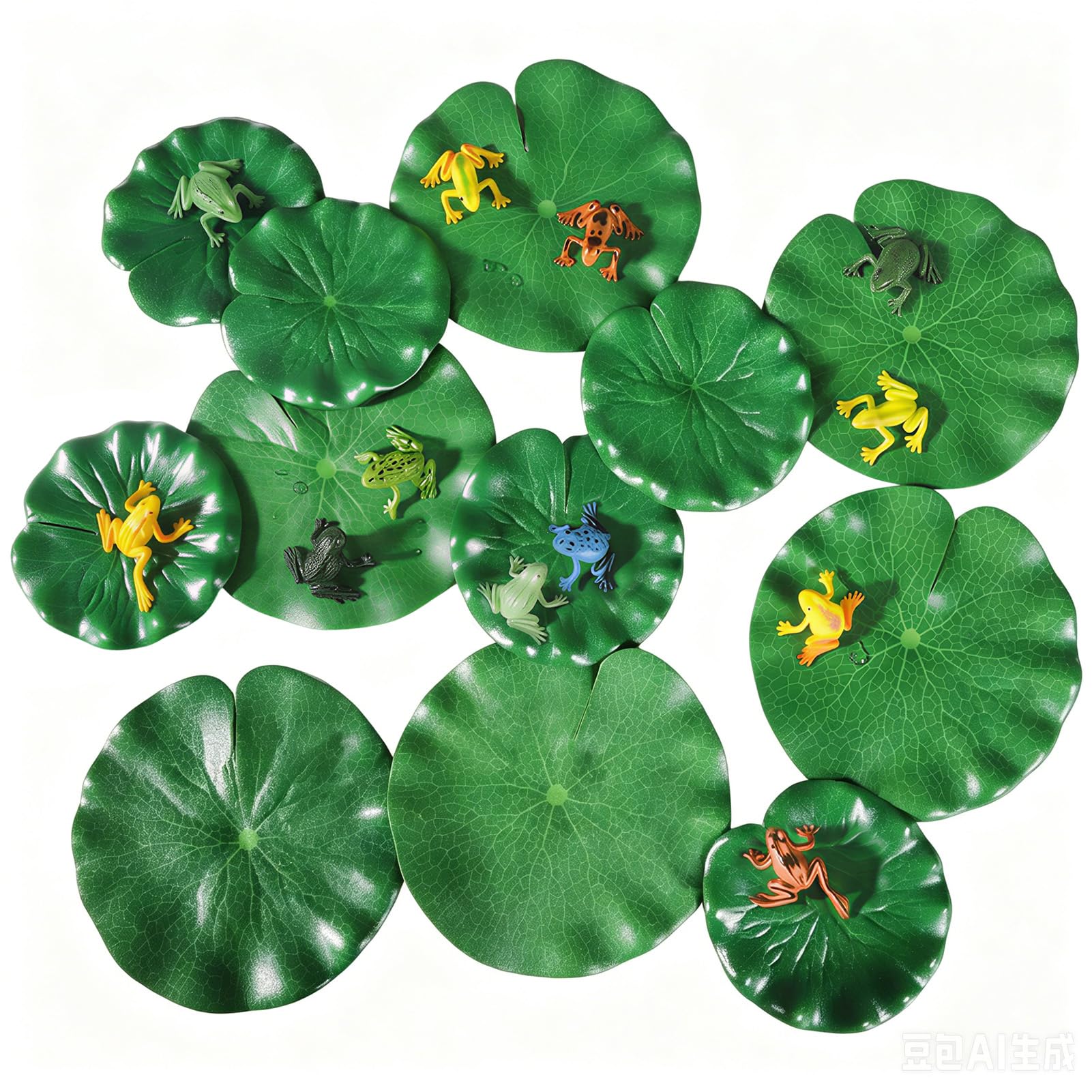 24Pcs Lily Pads and Plastic Frogs Set, 12Pcs Frog Toy and Artificial Lily Pads for Ponds, Artificial Pond Plants Decorations, Floating Lotus Leaves for Aquarium Pond Water Decor Pond Decorations