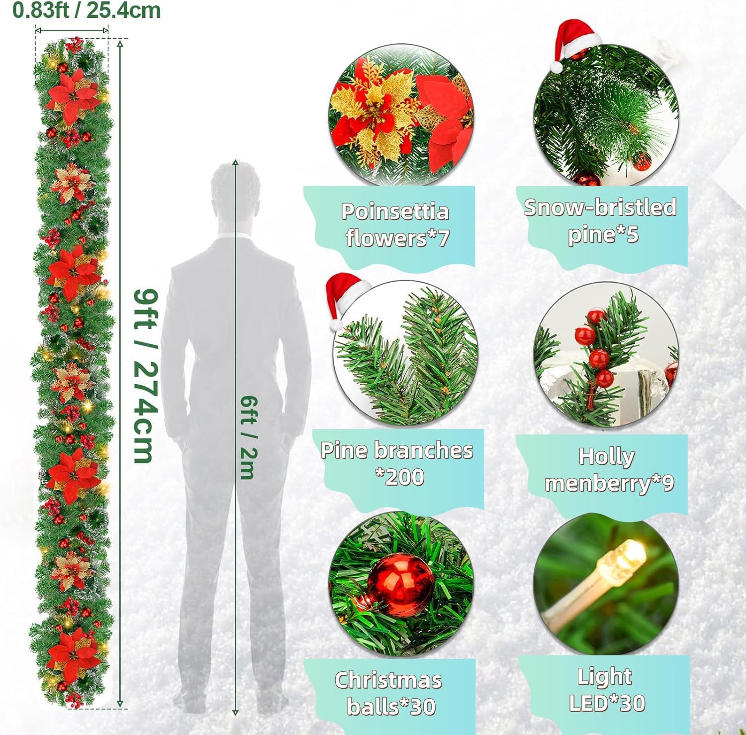 Guirnalda de Navidad 2,7M, 5M 30LEDs Guirnaldas Navideñas con Luces, Rojo Flores y Bolas, decoración navideña para Puertas, Ventanas, chimeneas, escaleras, Patio, Interior y Exterior