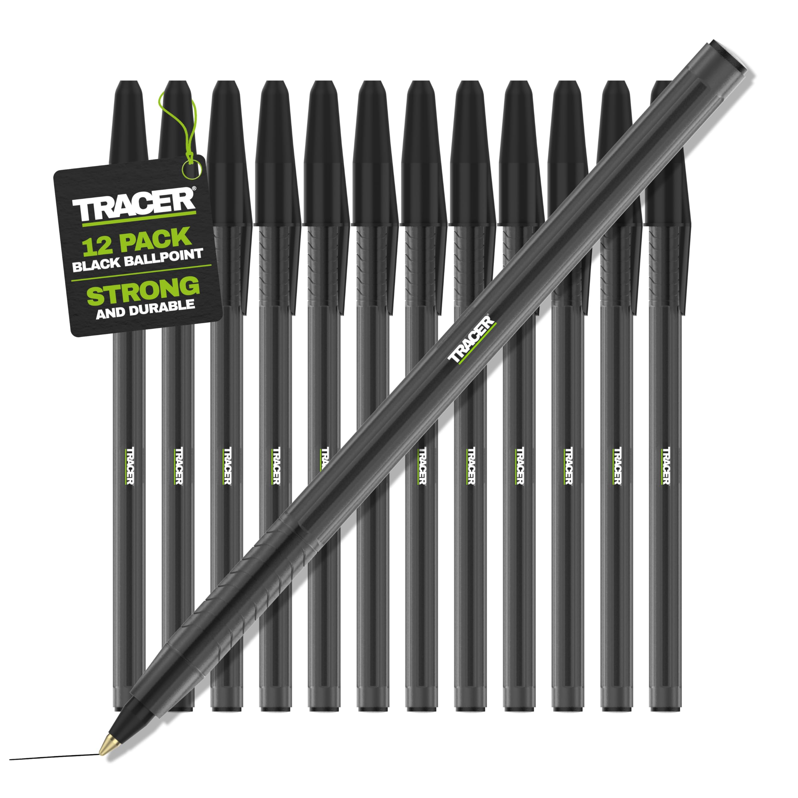 Tracer Black Ballpoint Pens Bulk Pack of 50 | Pocket Clip & Grip