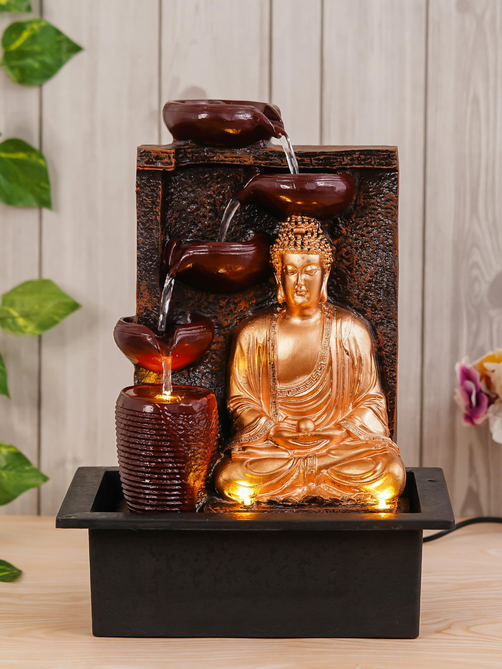 CHRONIKLE Polyresin Golden Brown Meditating Buddha Tabletop Indoor 4 Diya Steps Water Fountain for Home Decor with Yellow LED Light & Speed Controller Pump (Size: 40 x 29.5 x 22CM | Wt: 2685grm)-image-23